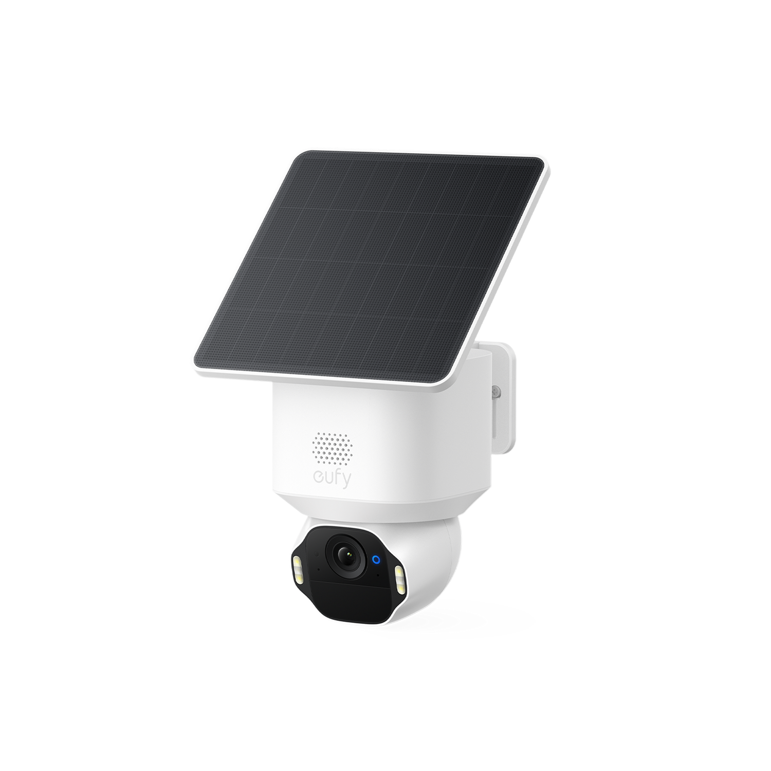 Cámara de seguridad eufy blanca con panel solar integrado sobre fondo negro.