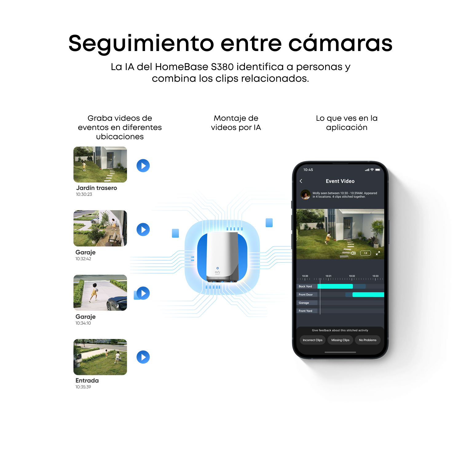 Seguimiento entre cámaras. La IA del HomeBase S380 identifica a personas y combina los clips relacionados. Graba vídeos de eventos en diferentes ubicaciones. Montajes de vídeos por IA. Lo que ves en la aplicación. 