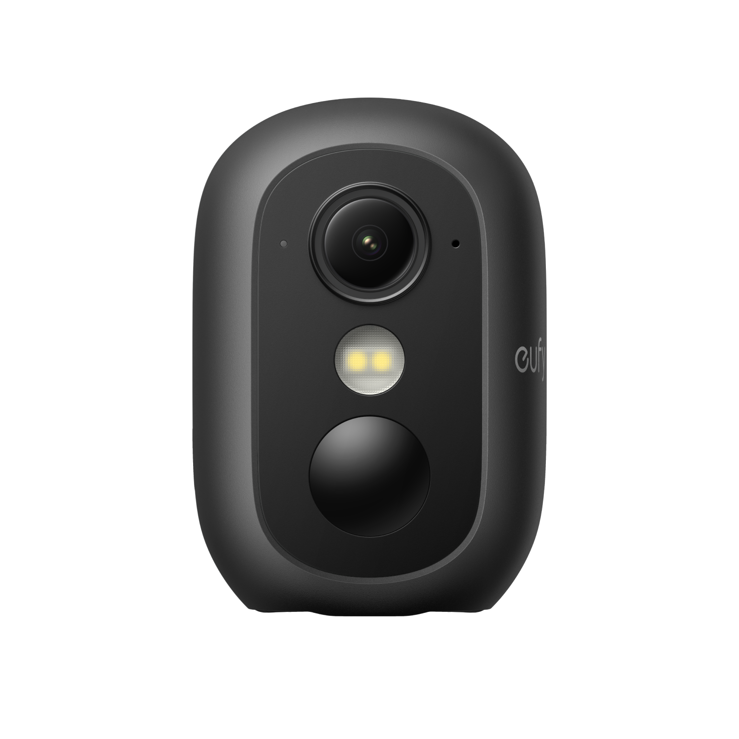 Una cámara de seguridad Eufy gris con lente, luz LED y sensor de movimiento sobre fondo negro.