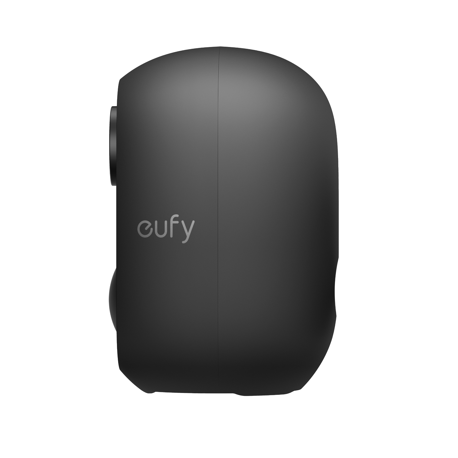 Vista lateral de una cámara de seguridad Eufy gris con diseño redondeado sobre fondo negro.