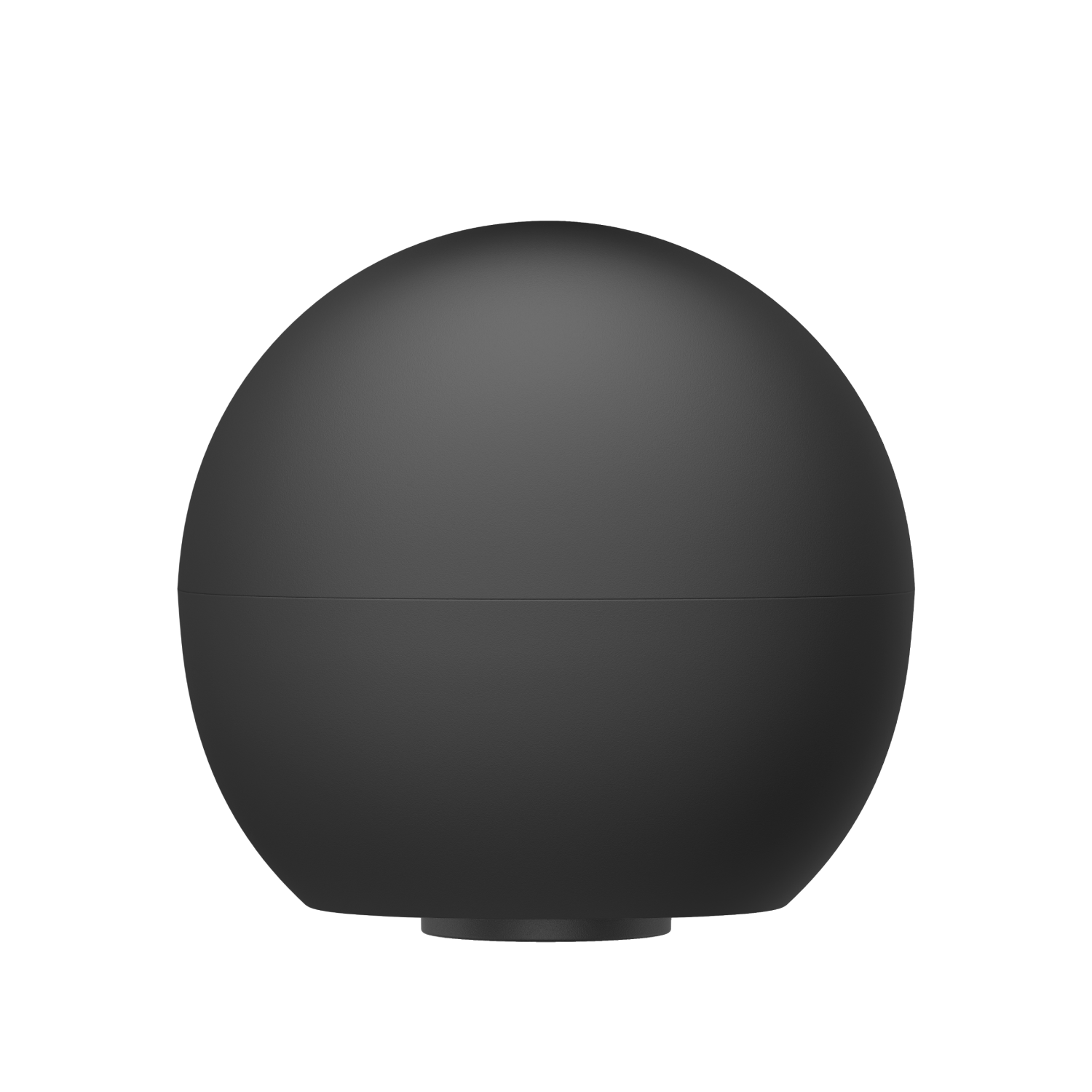 Una esfera negra mate con una costura horizontal sobre una pequeña base contra un fondo negro.