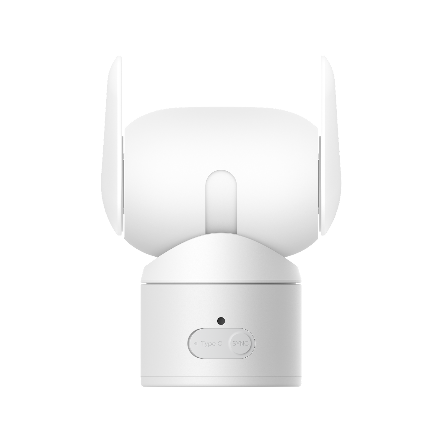 Cámara de seguridad blanca con dos antenas y un puerto USB-C sobre fondo negro.