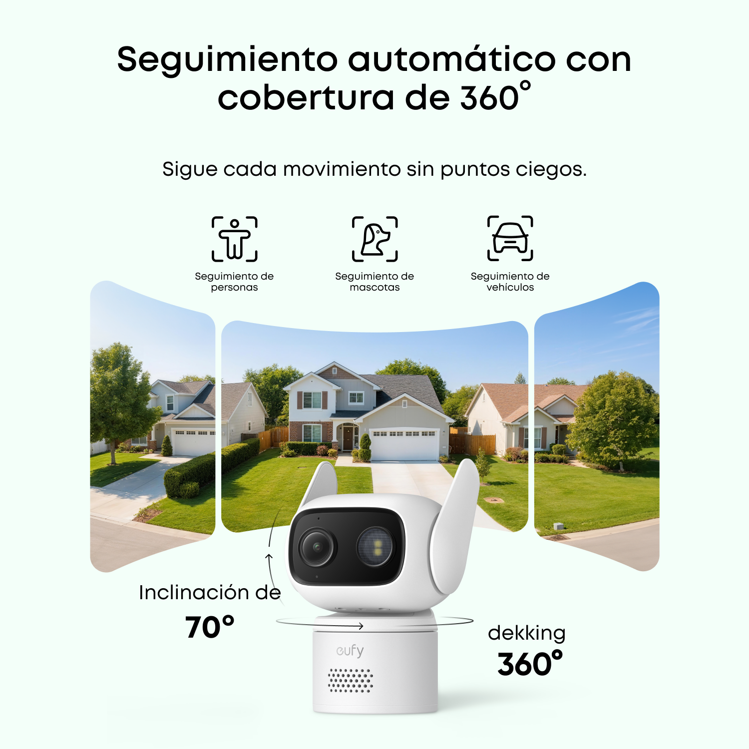 Seguimiento automático con cobertura de 360º. Sigue cada movimiento sin puntos ciegos. Seguimiento de personas, seguimiento de mascotas, seguimiento de vehículos. Inclinación de 70º. Dekking 360º.
