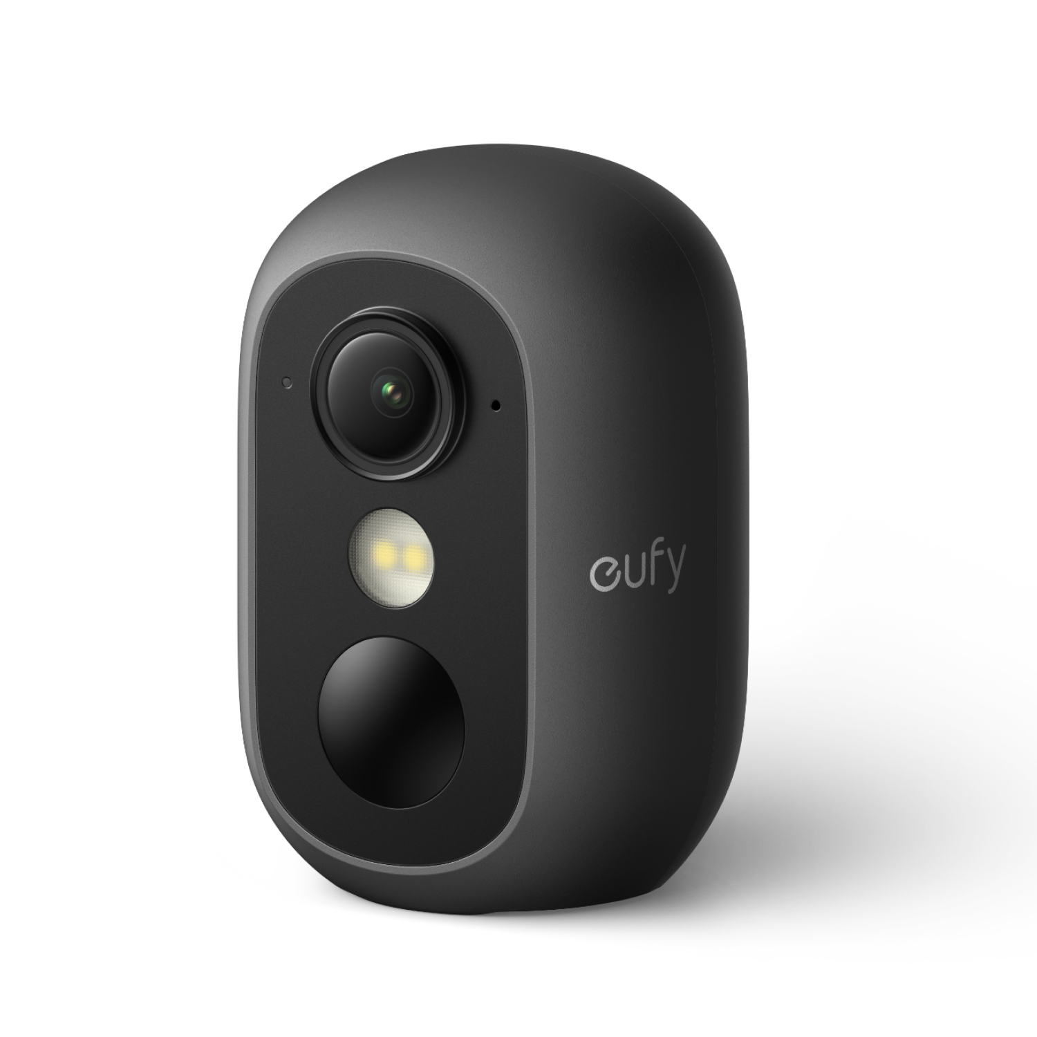 Cámara de seguridad Eufy gris con lente, luz LED y sensor sobre fondo negro.