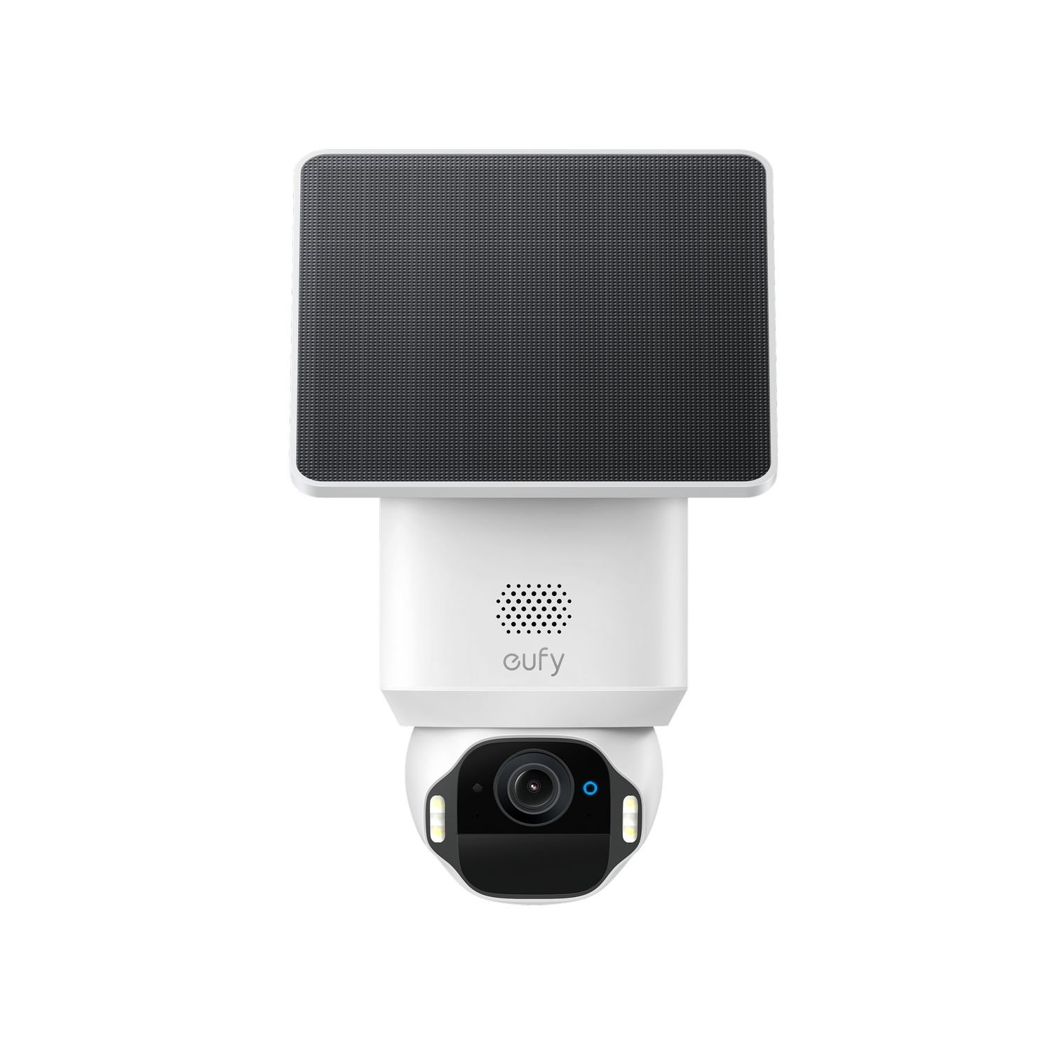 Cámara de seguridad Eufy impermeable con panel solar sobre fondo negro.