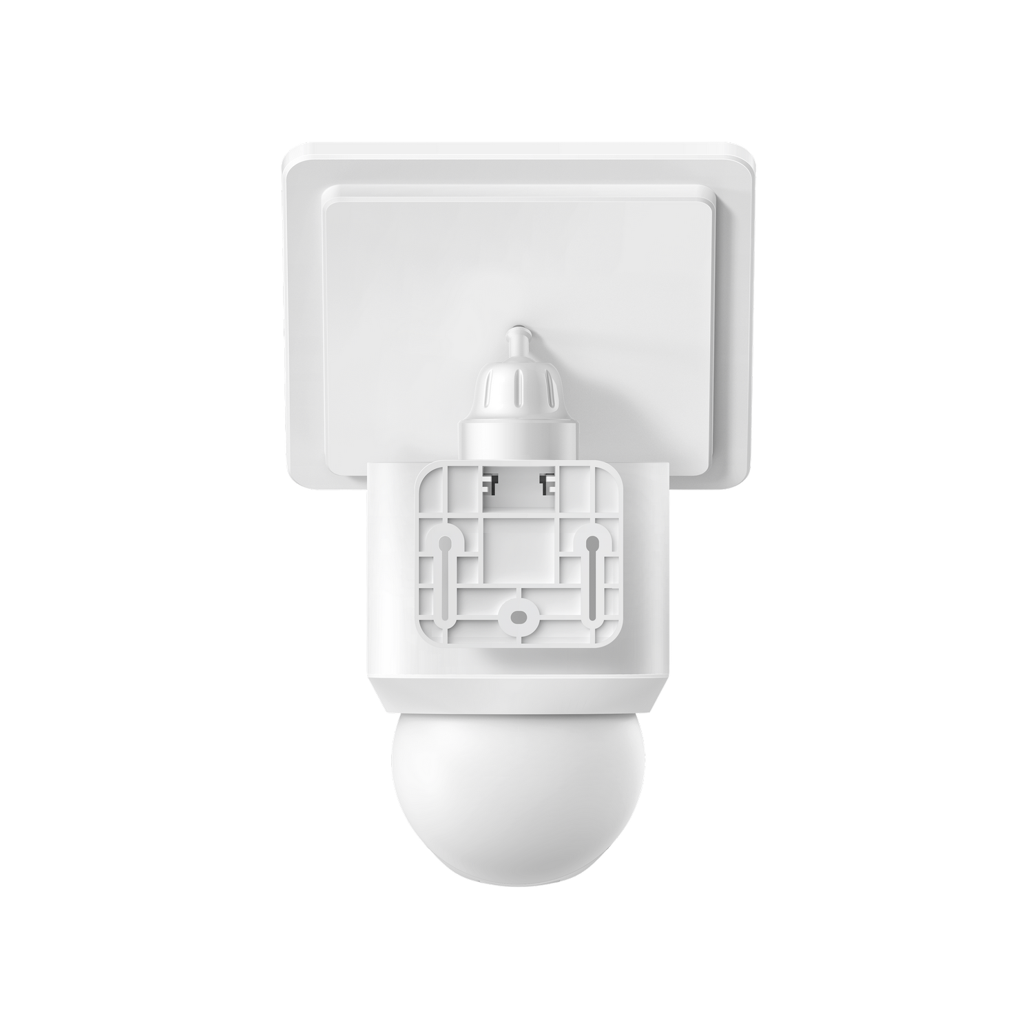 Un dispositivo sensor de movimiento blanco con base cuadrada y sensor esférico en la parte inferior sobre fondo negro.