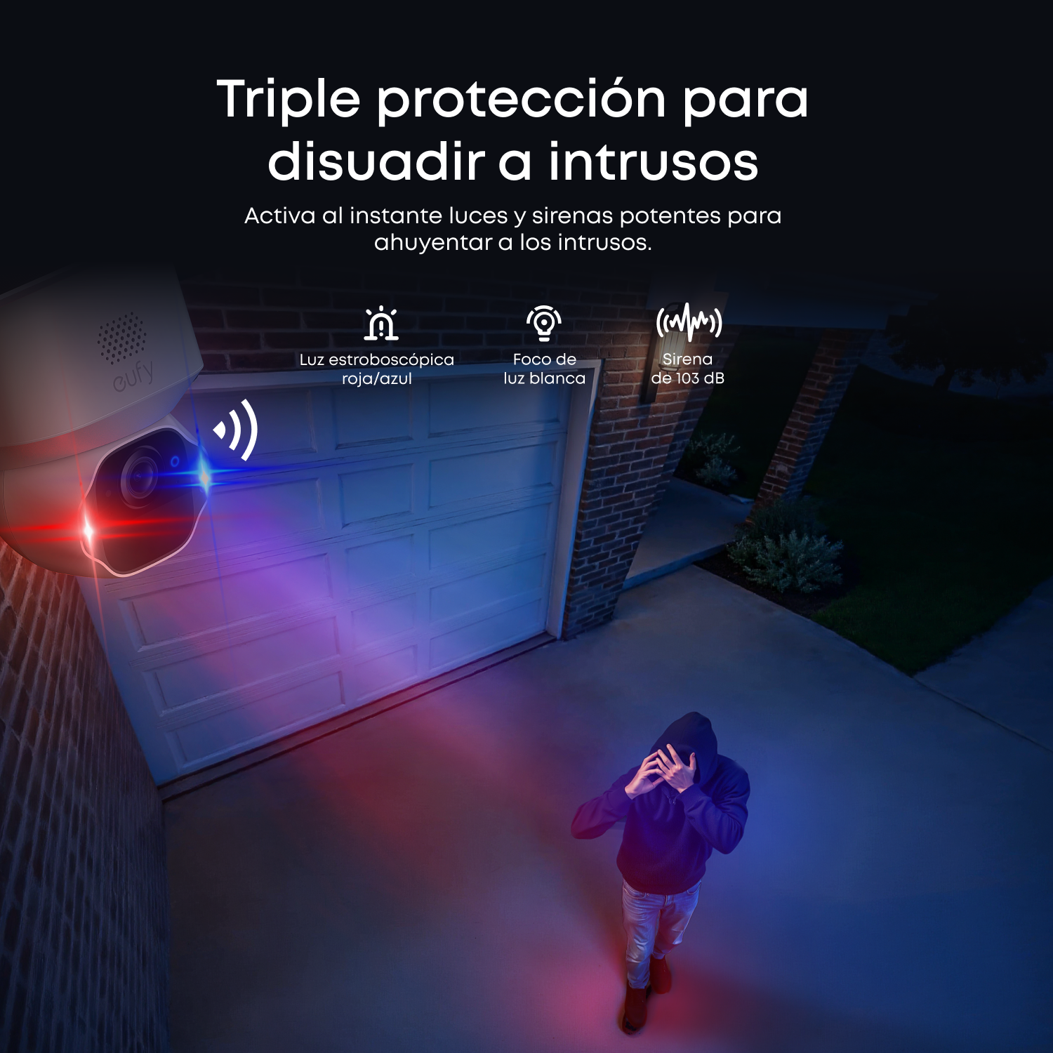 Triple protección para disuadir intrusos. Activa al instante luces y sirenas potentes para ahuyentar a los intrusos. Luz estroboscópica roja/azul, Foco de luz blanca, sirena de 103 dB.