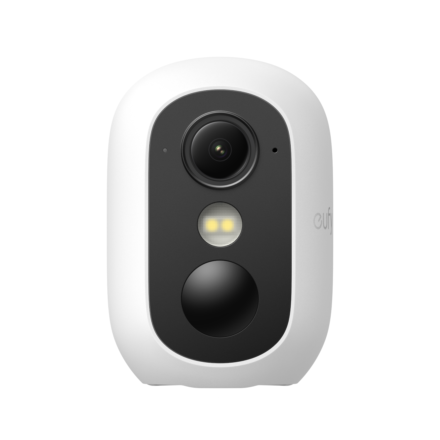 Una cámara de seguridad blanca con panel frontal negro que incluye lente, luz y sensor.
