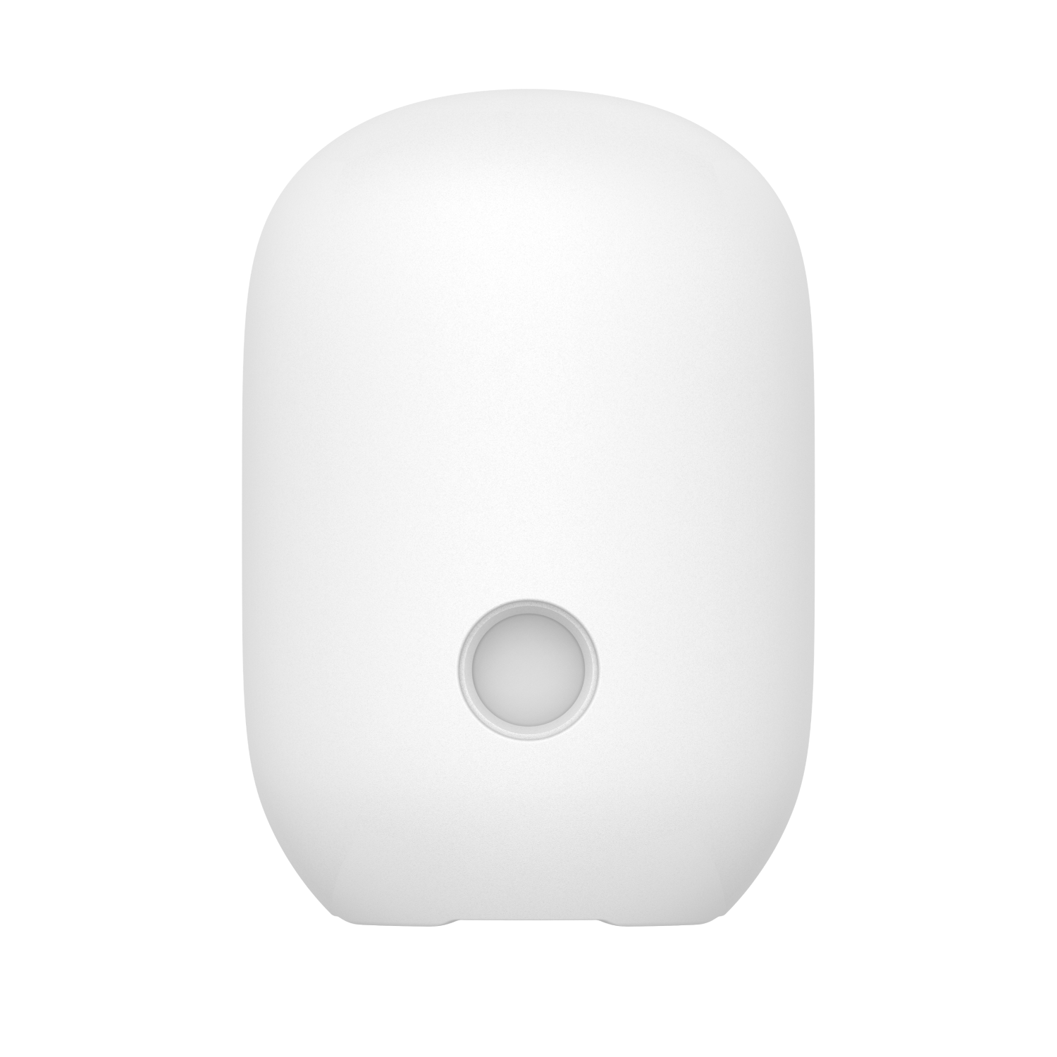 Un dispositivo electrónico blanco, liso y redondeado con un botón circular central sobre fondo negro.