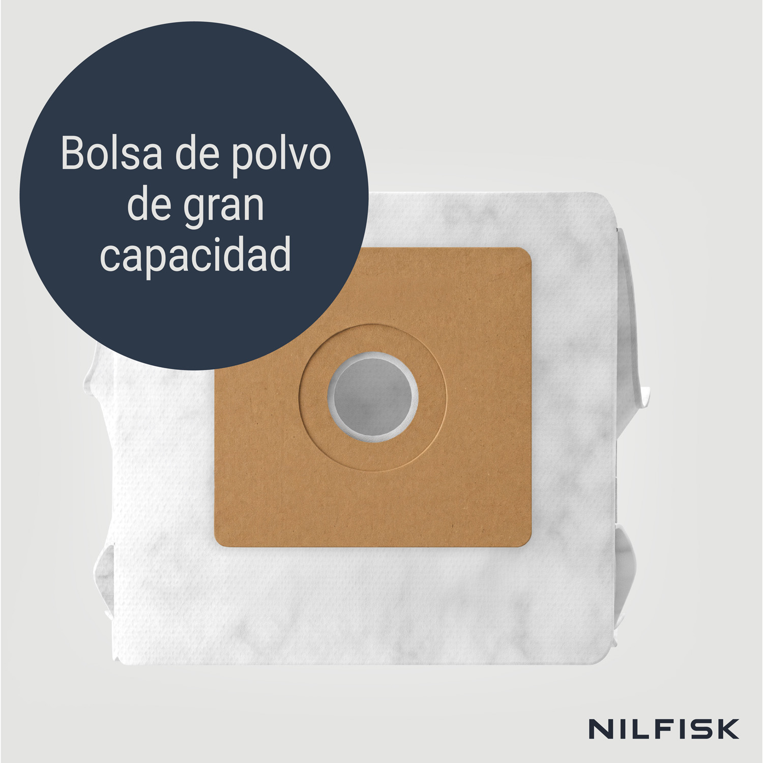 Bolsa de aspiradora Nilfisk con cuello de cartón marrón y texto en español.