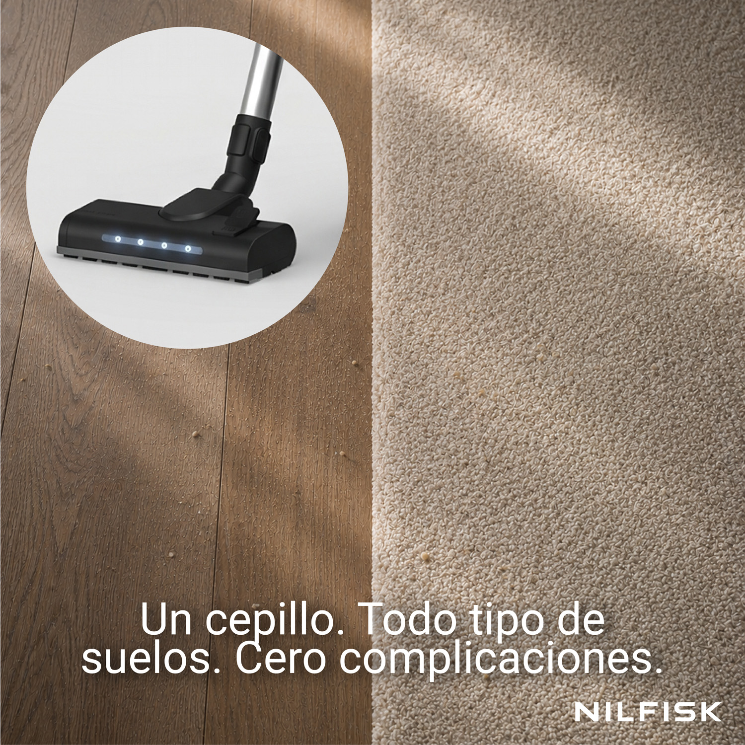 Un cabezal de aspiradora con luces en suelos de madera y alfombra.