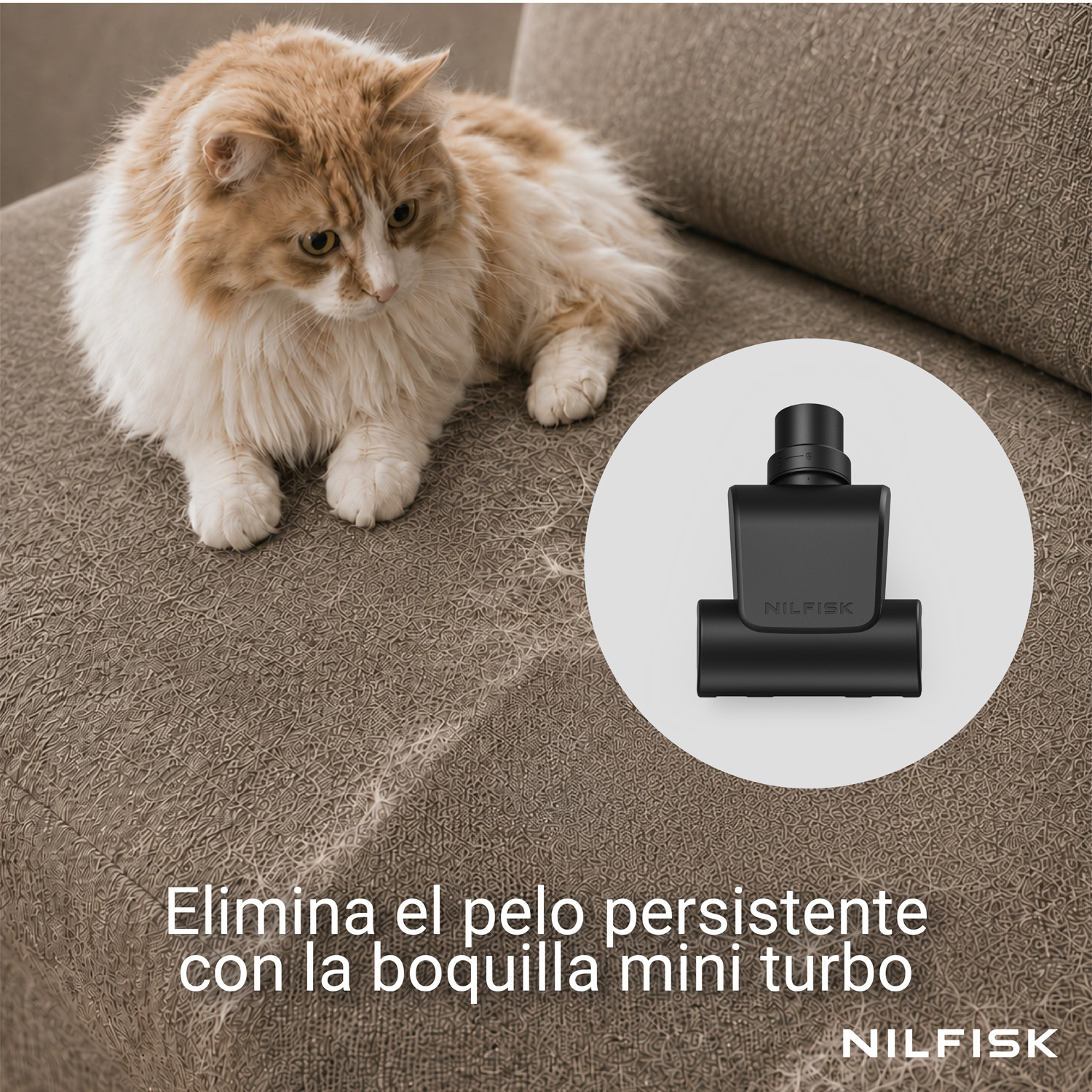Un gato peludo en un sofá cubierto de pelo, junto a una boquilla mini turbo Nilfisk negra.
