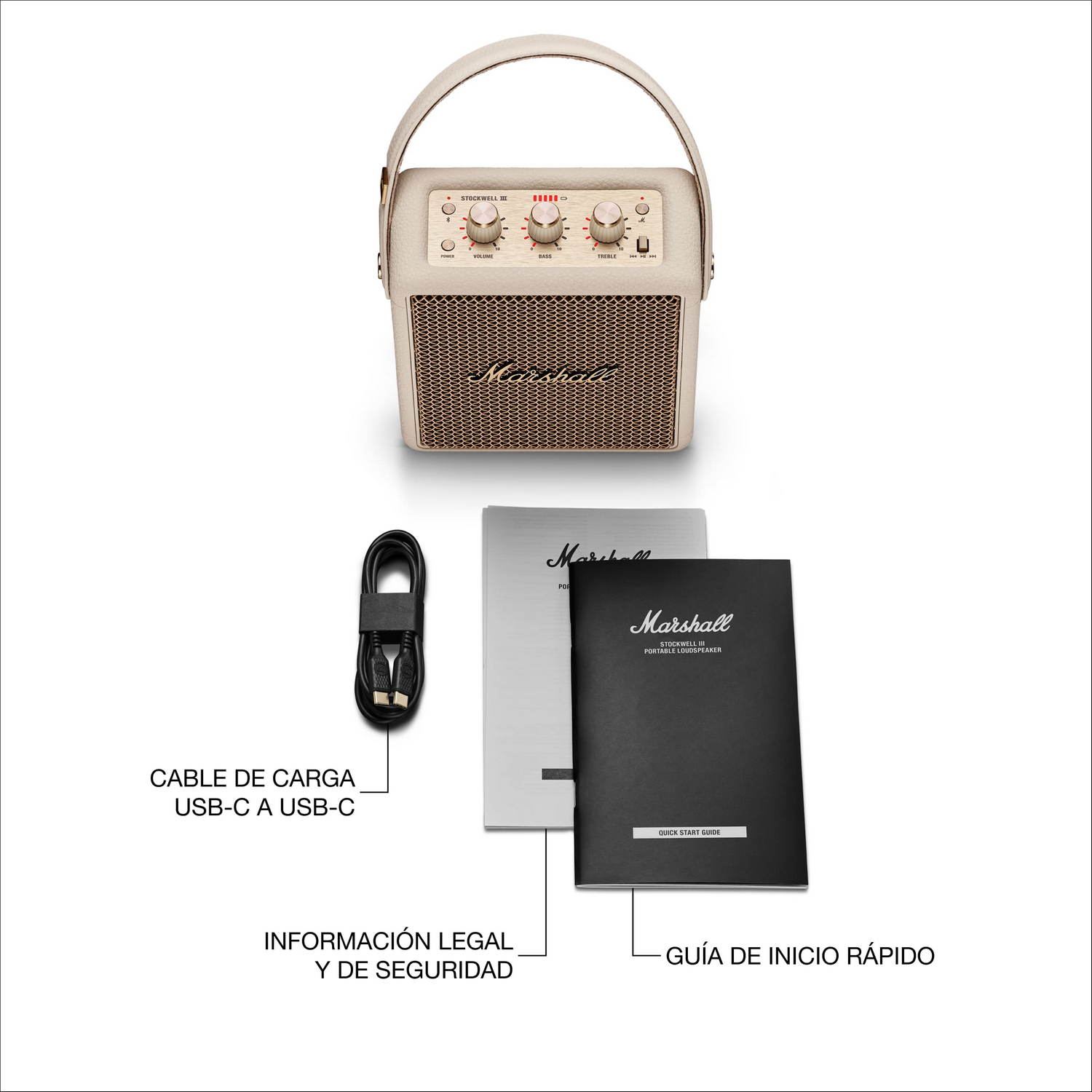 Altavoz Bluetooth Marshall beis con cable USB-C y manuales sobre fondo blanco.