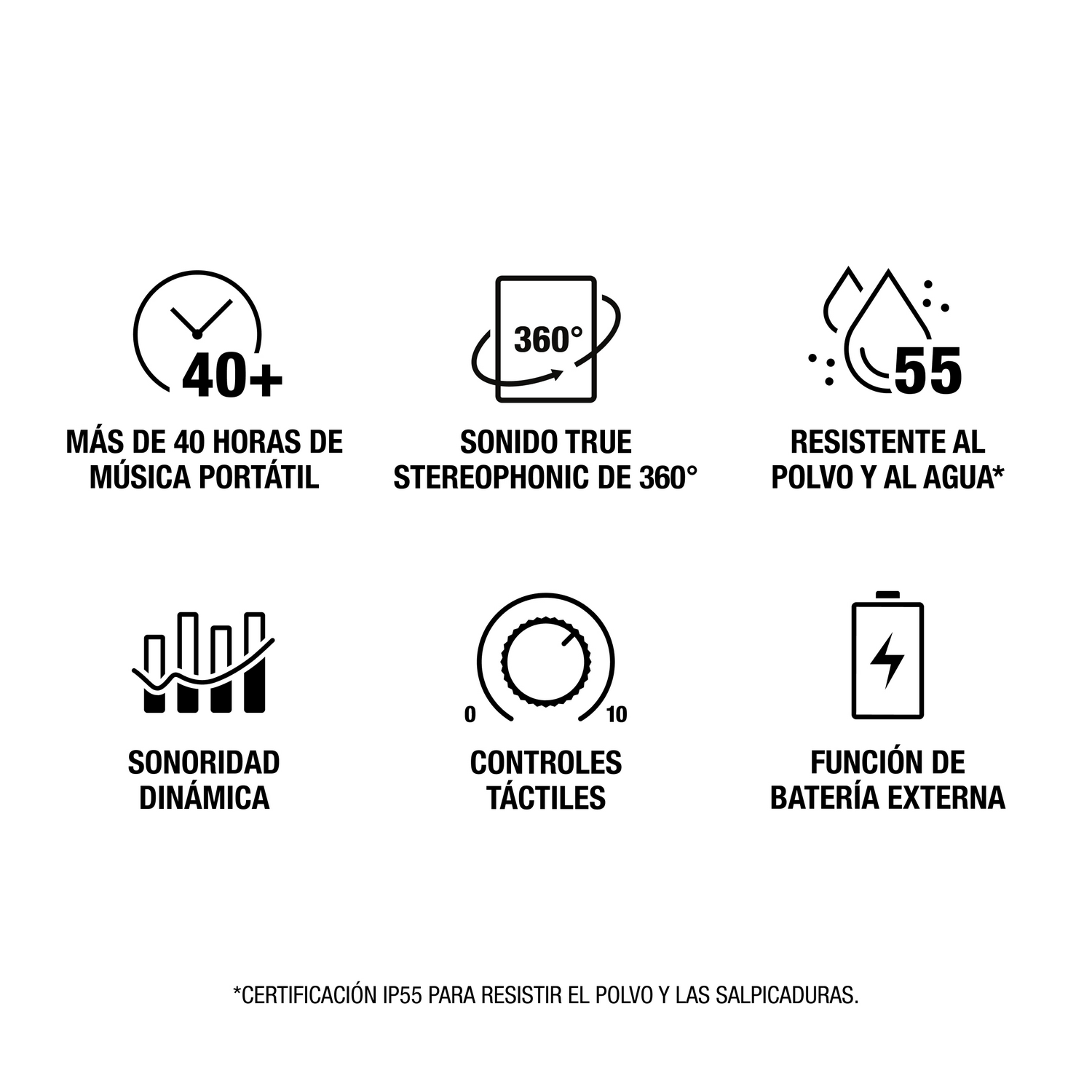 Seis iconos muestran características del producto: batería, sonido 360, resistencia al agua, controles y carga.