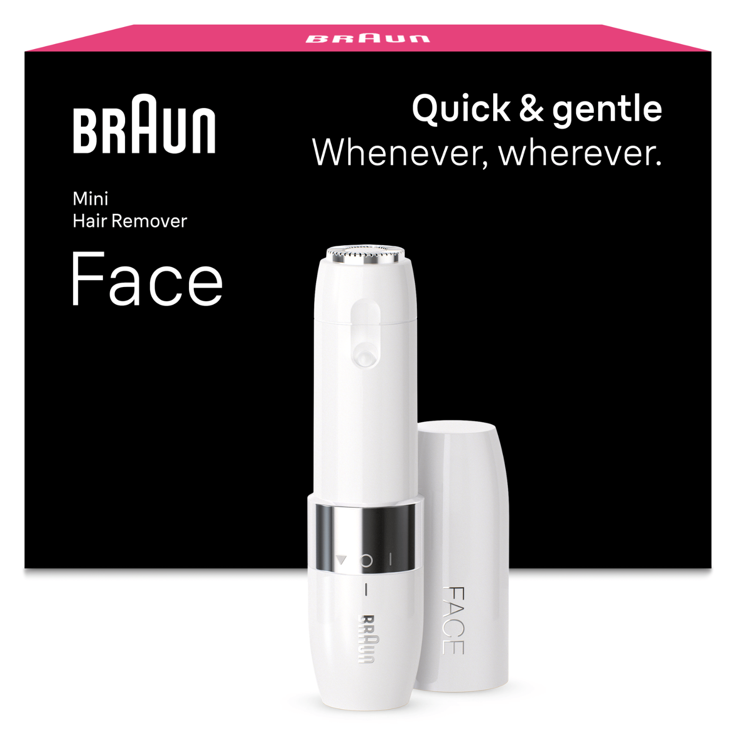 Depiladora facial mini Braun blanca con tapa frente a un empaque negro y rosa.