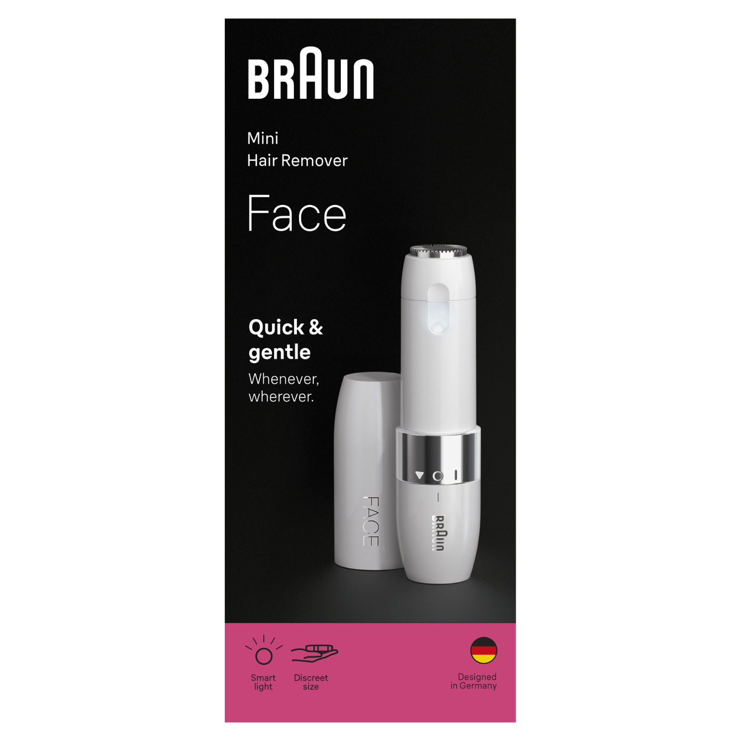 Depiladora facial mini Braun en envase blanco con imagen de producto y texto.