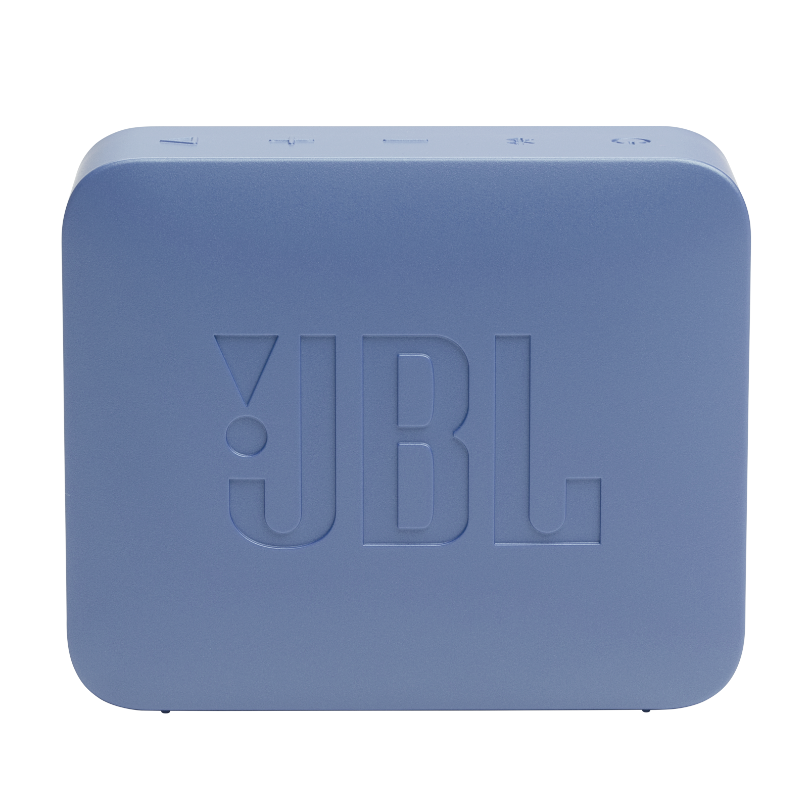 Siyah arka planda, kontrol düğmeleri görünen mavi bir JBL Go 3 hoparlör.