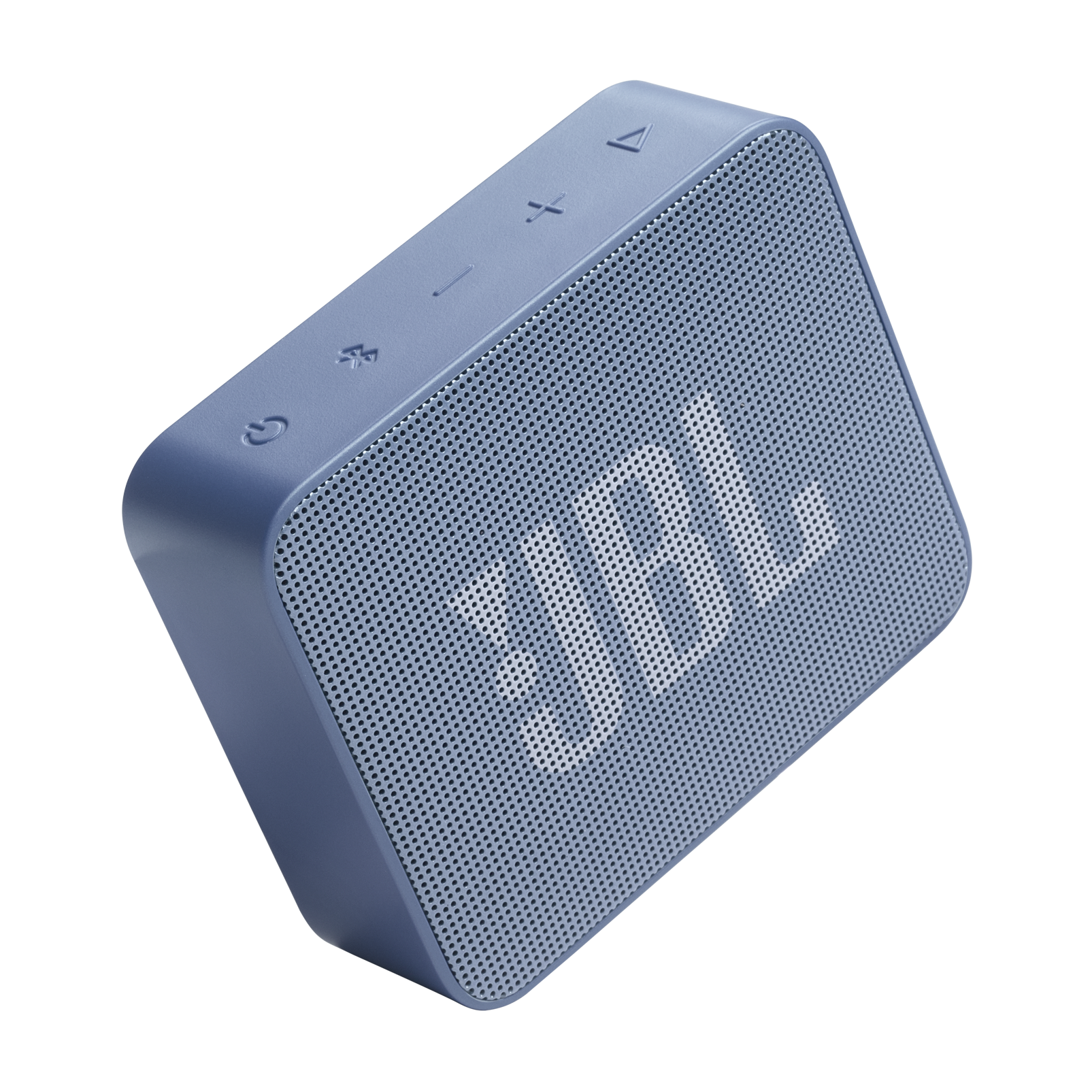 Siyah arka plan üzerinde mavi taşınabilir JBL Bluetooth hoparlör.