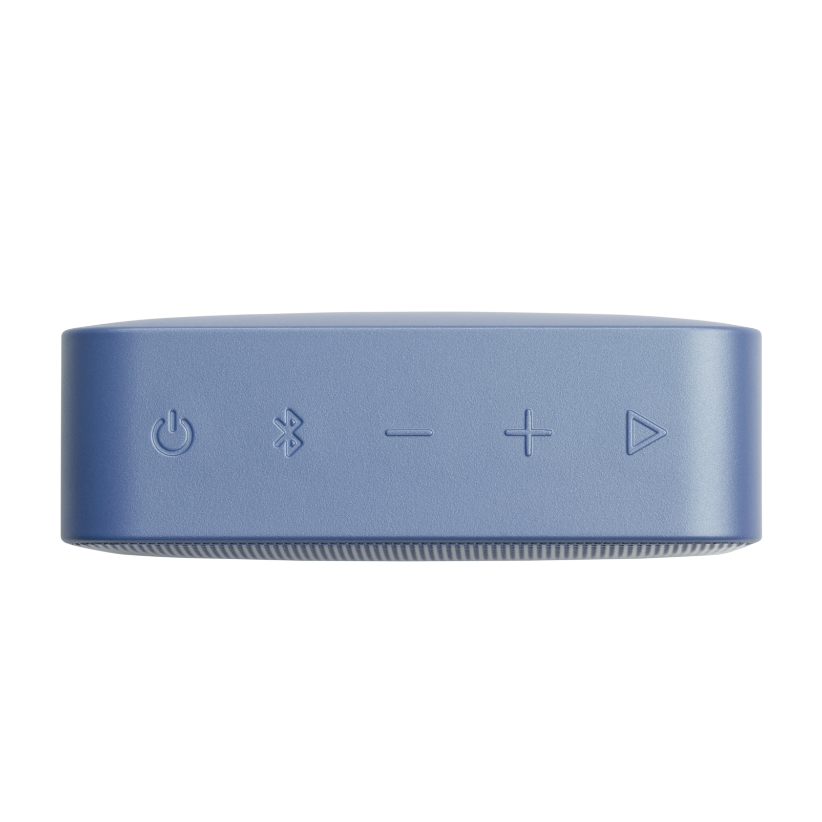 Güç, Bluetooth, ses ve oynatma düğmelerine sahip mavi kablosuz hoparlörün üstten görünümü.