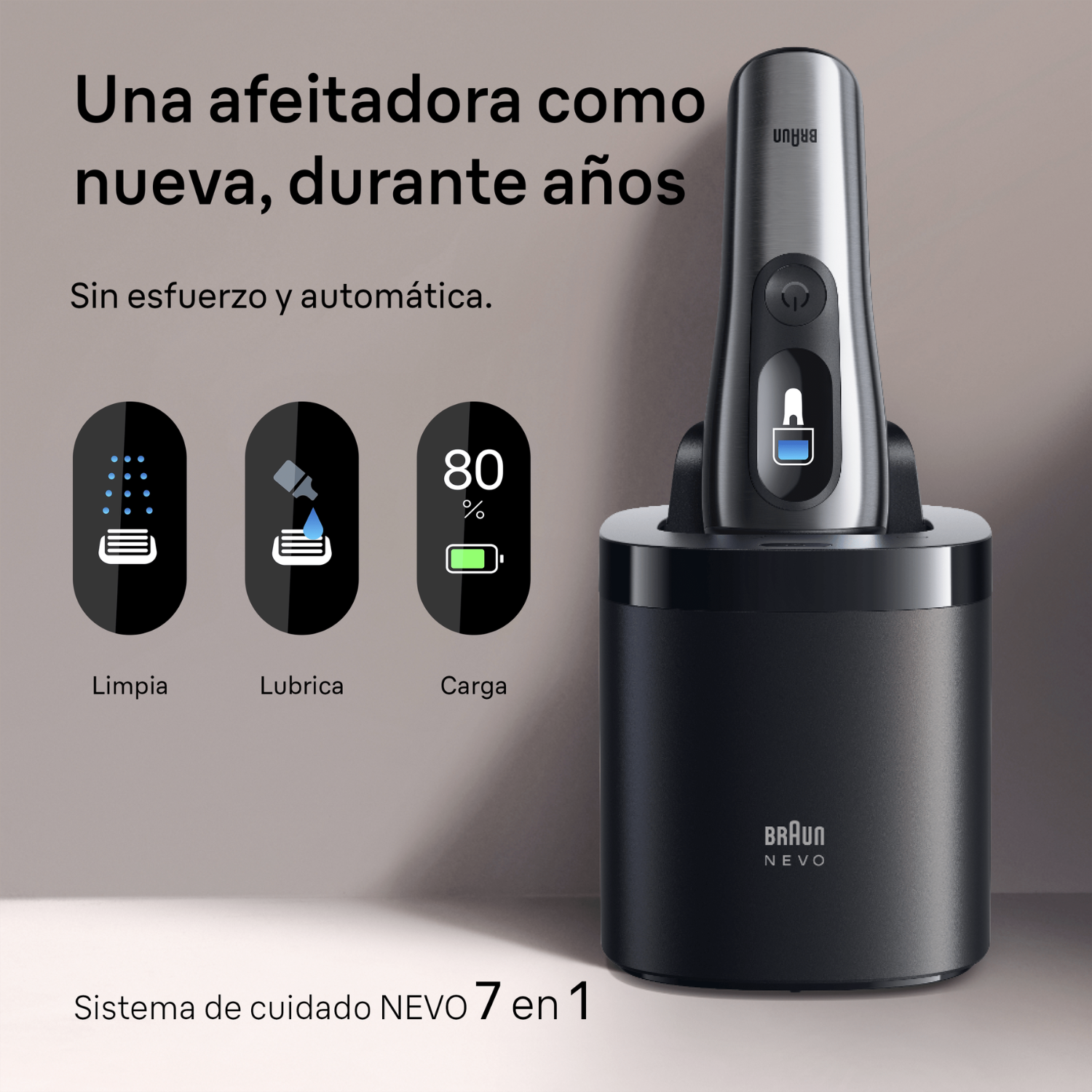 Una afeitadora como nueva, durante años. Sin esfuerzo y automática. Limpia, lubrica carga. Sistema de cuidado NEVO  7 en 1.