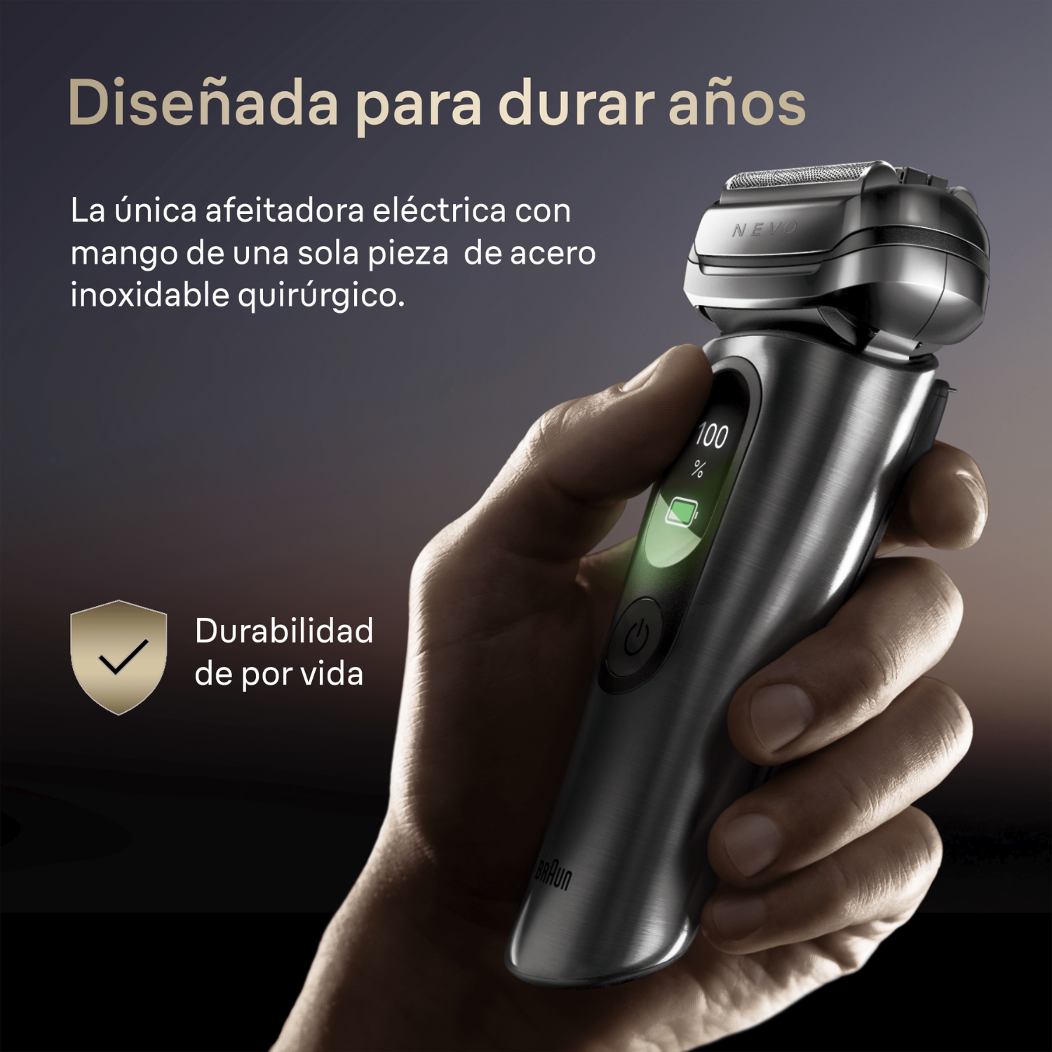 Diseñada para durar años. La única afeitadora eléctrica con mango de una sola pieza de acero inoxidable quirúrgico. Durabilidad de por vida.