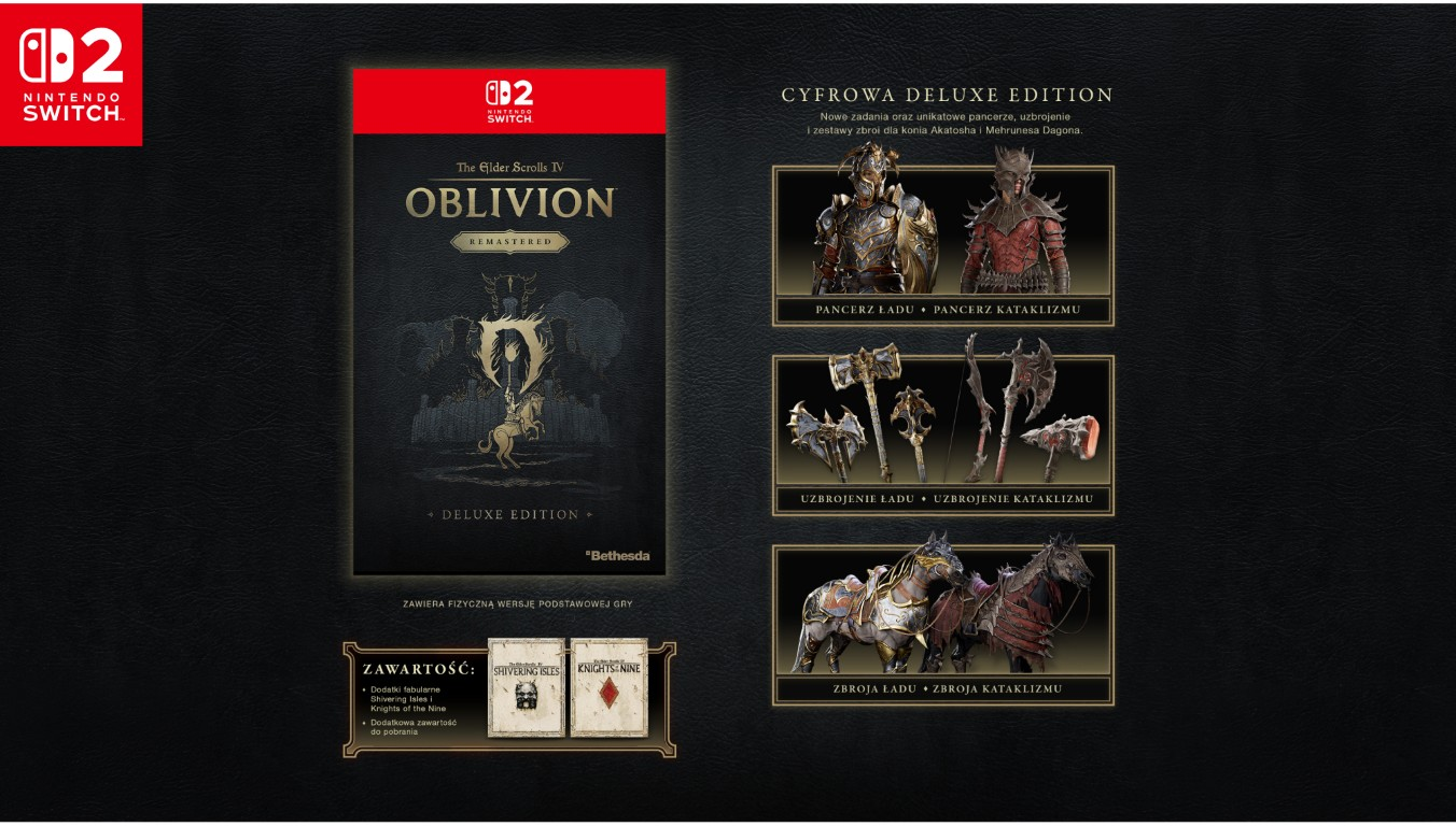 Oblivion Remastered Deluxe Edition na Nintendo Switch z dodatkową zawartością na czarnym tle.