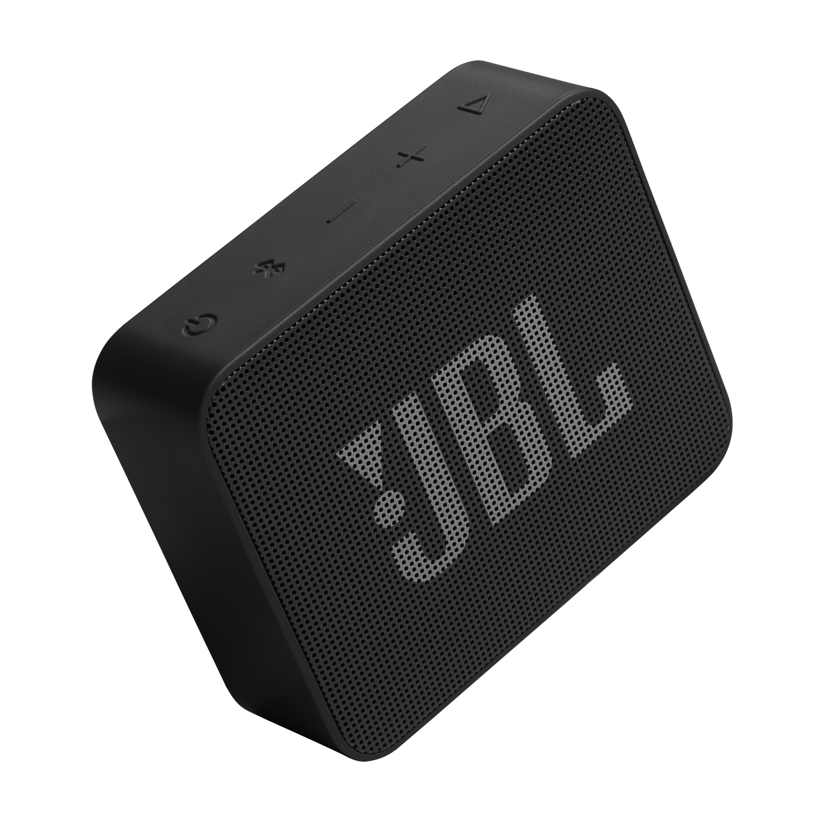 Siyah arka planda, üstte kontrol düğmeleri olan siyah bir JBL Bluetooth hoparlör.