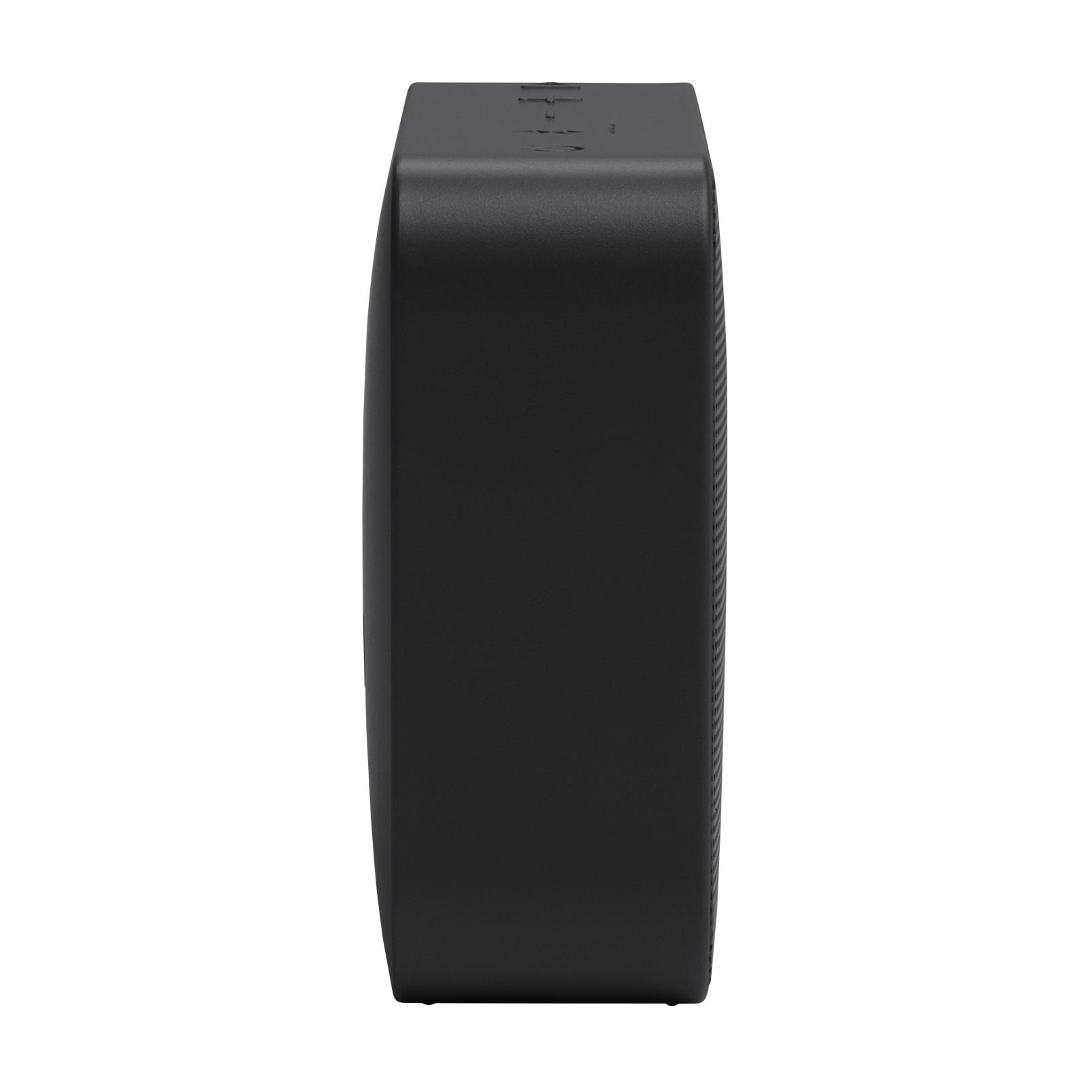 Siyah arka plan üzerinde siyah, dikdörtgen bir Bluetooth hoparlör, yandan görünüm.