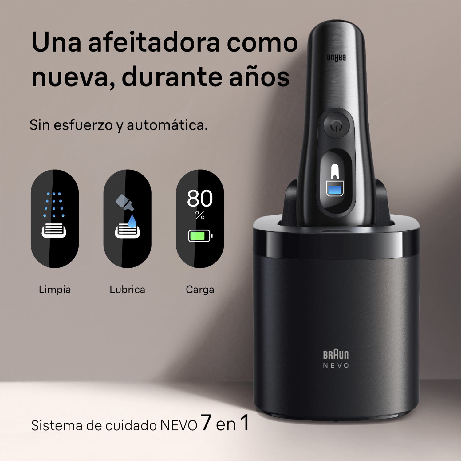 Una afeitadora como nueva, durante años. Sin esfuerzo y automática. Limpia, lubrica carga. Sistema de cuidado NEVO  7 en 1.