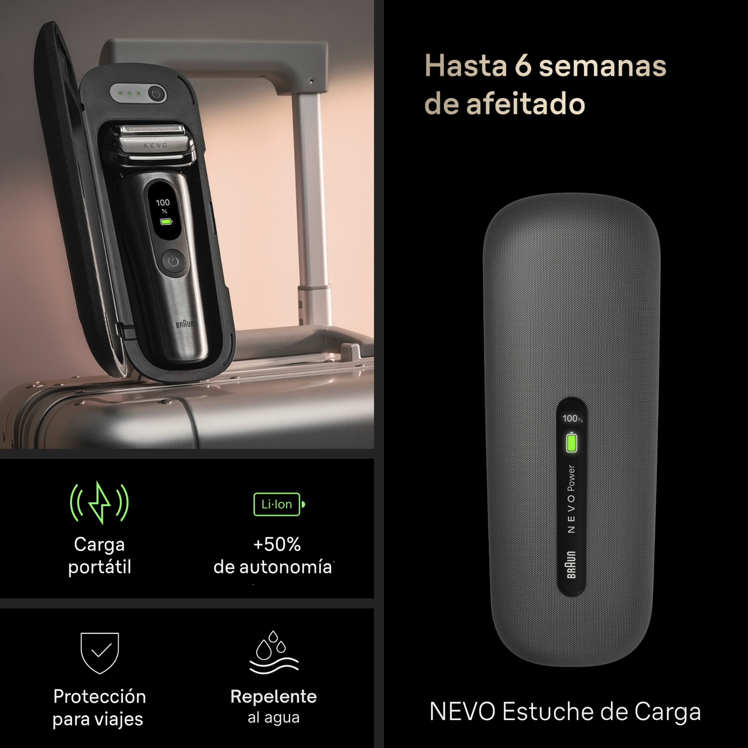 Nevo estuche de carga. Hasta 6 semanas de afeitado, en cualquier lugar. Carga portátil. +50% autonomía. Protección para viajes. Repelente al agua.