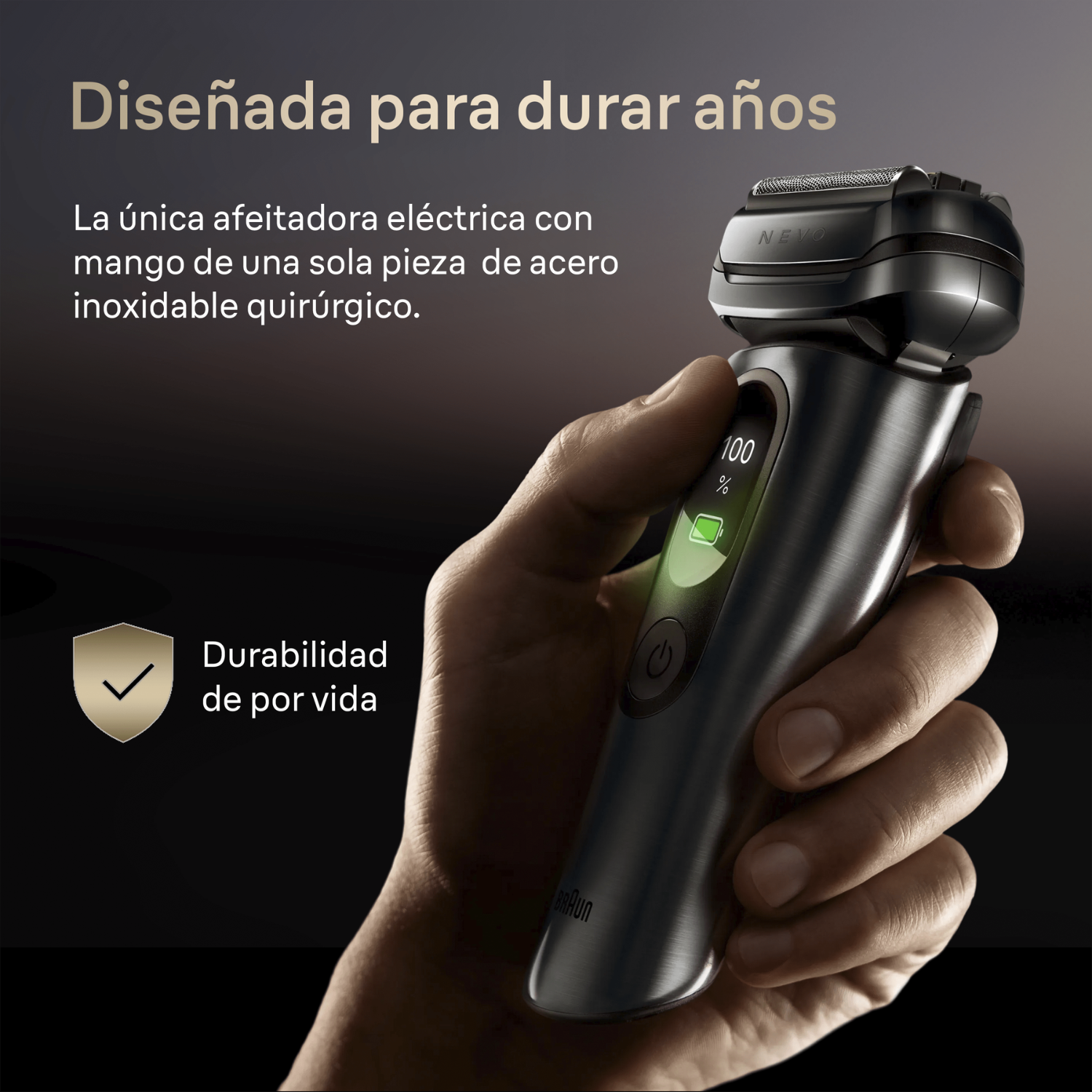 Diseñada para durar años. La única afeitadora eléctrica con mango de una sola pieza de acero inoxidable quirúrgico. Durabilidad de por vida.