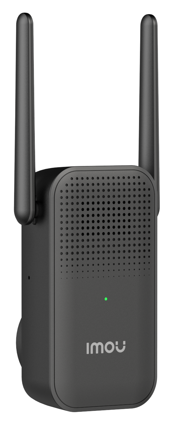 Fekete Wi-Fi jelerősítő két antennával és zöld LED-del fekete háttér előtt.