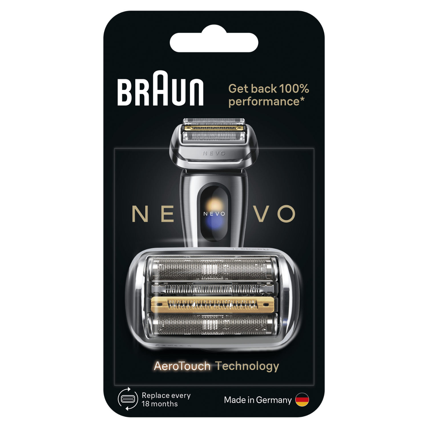 Cabezal de repuesto Braun en empaque con texto y logotipo.