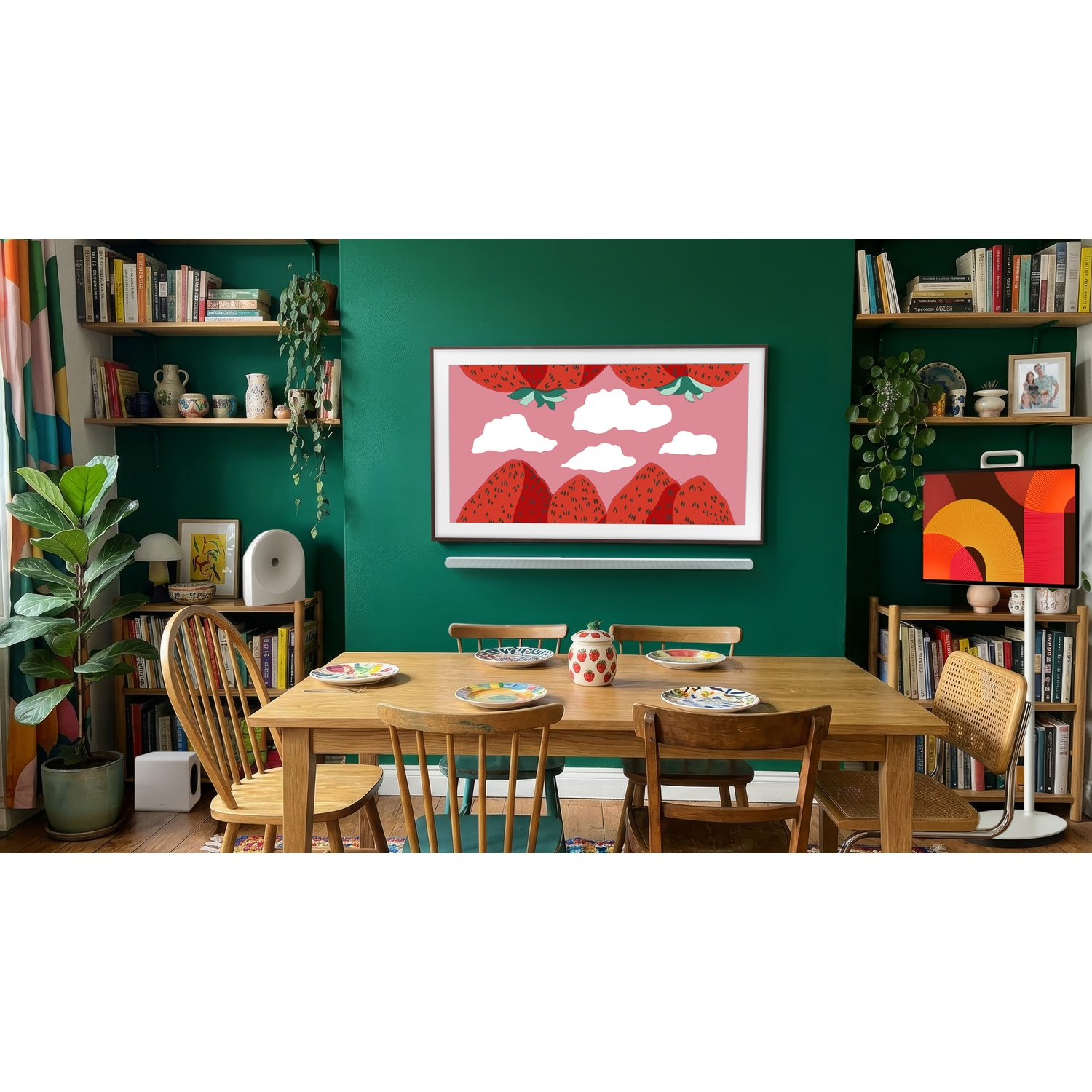 Une salle à manger verte avec table en bois, chaises et TV affichant des fraises, entourée de bibliothèques.
