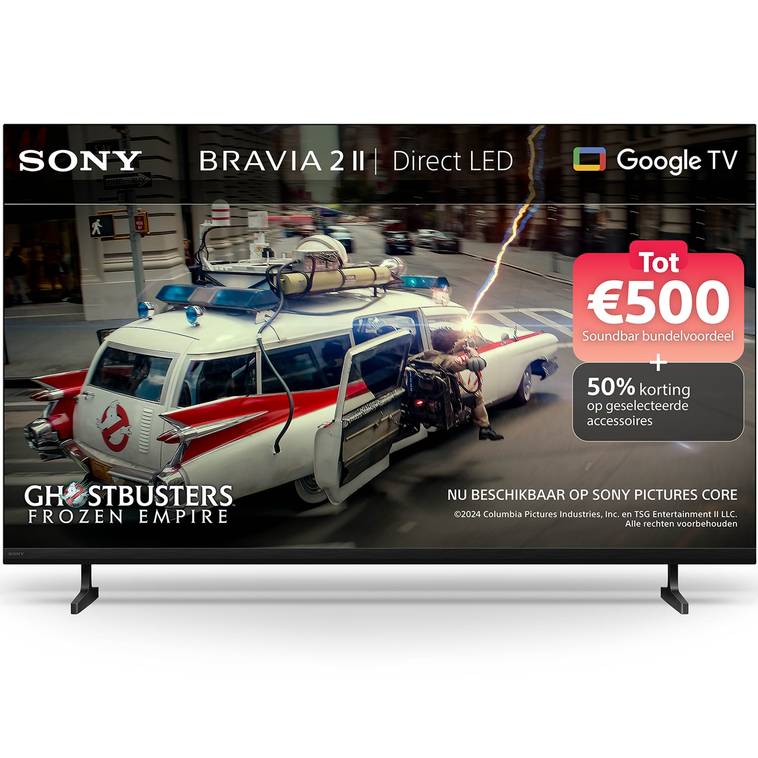 A Sony Bravia TV displays a Ghostbusters Frozen Empire promo with text offering soundbar discounts and 50% off.
