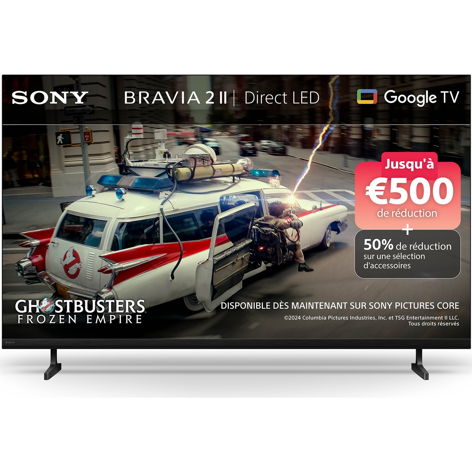 TV Sony Bravia affichant Ghostbusters Frozen Empire et une offre de réduction.