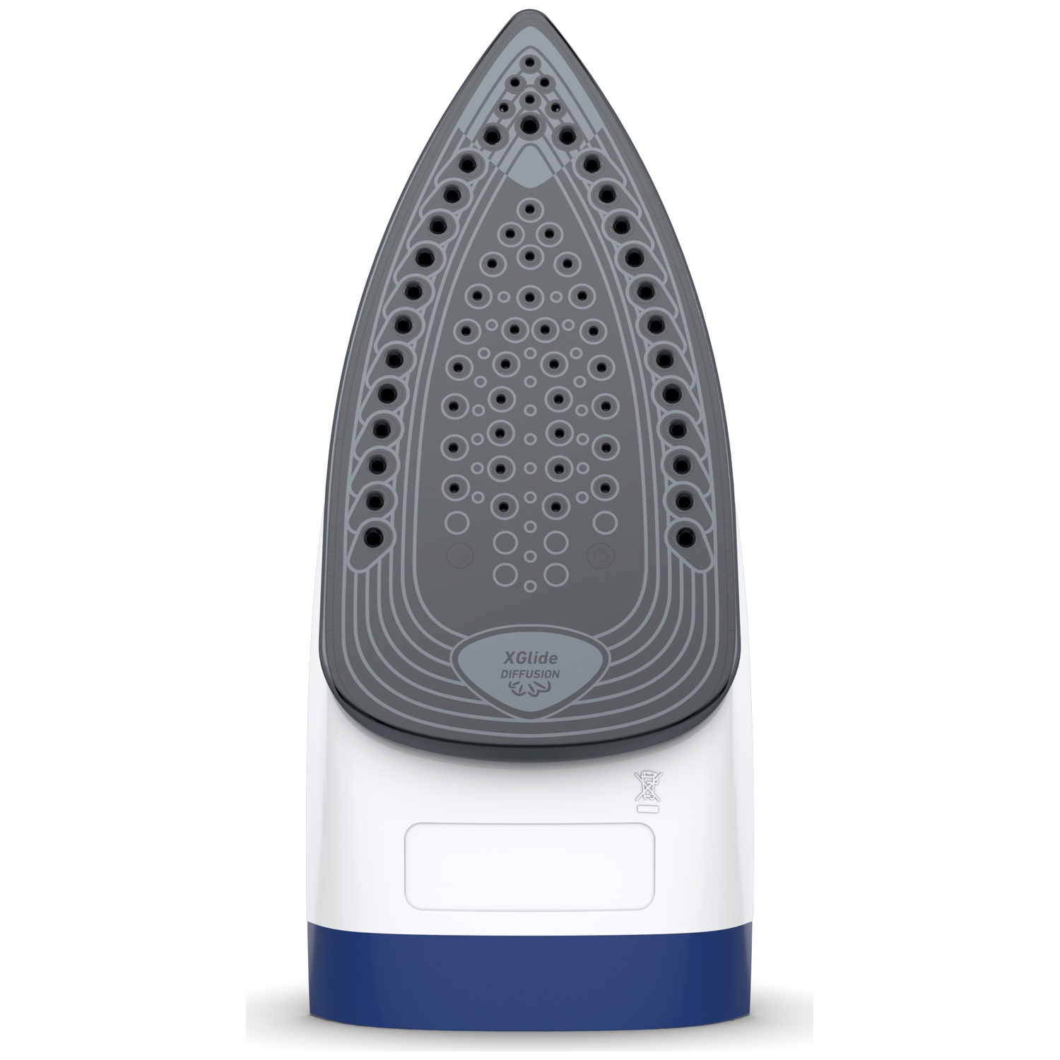 The soleplate of a white and blue iron displays numerous steam vents and the grey XGlide Diffusion logo.