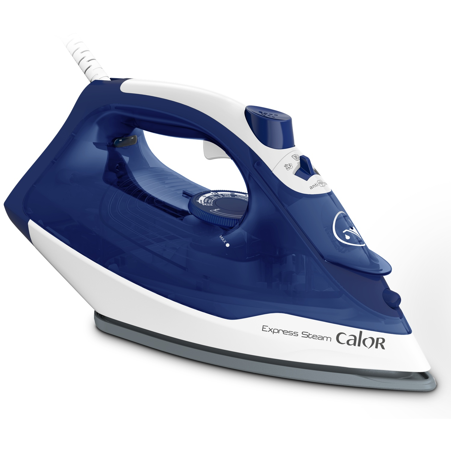 A blue and white Calor Express Steam iron on a white background.
