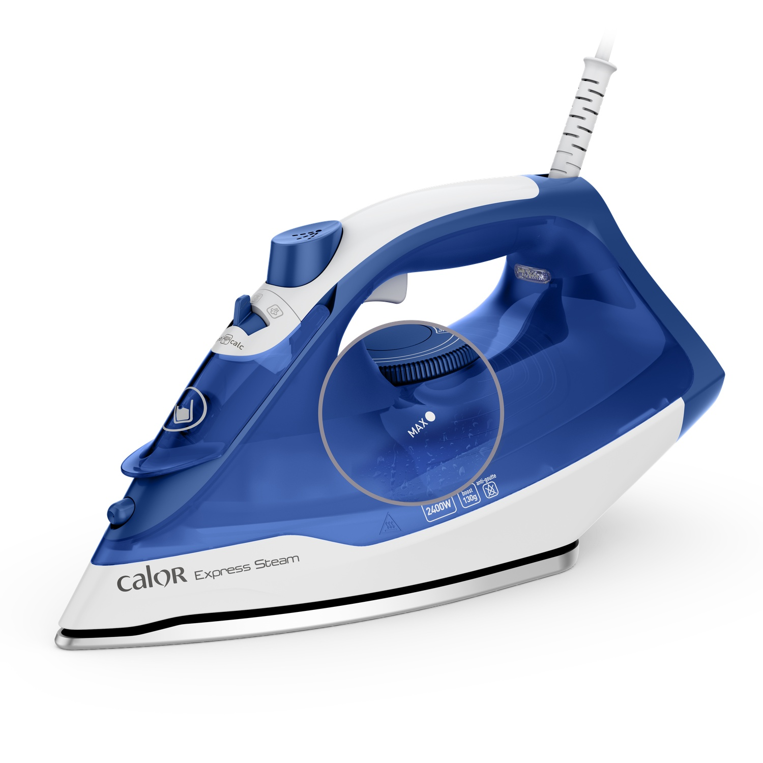 Blue and white Calor steam iron with transparent water tank on white background.
