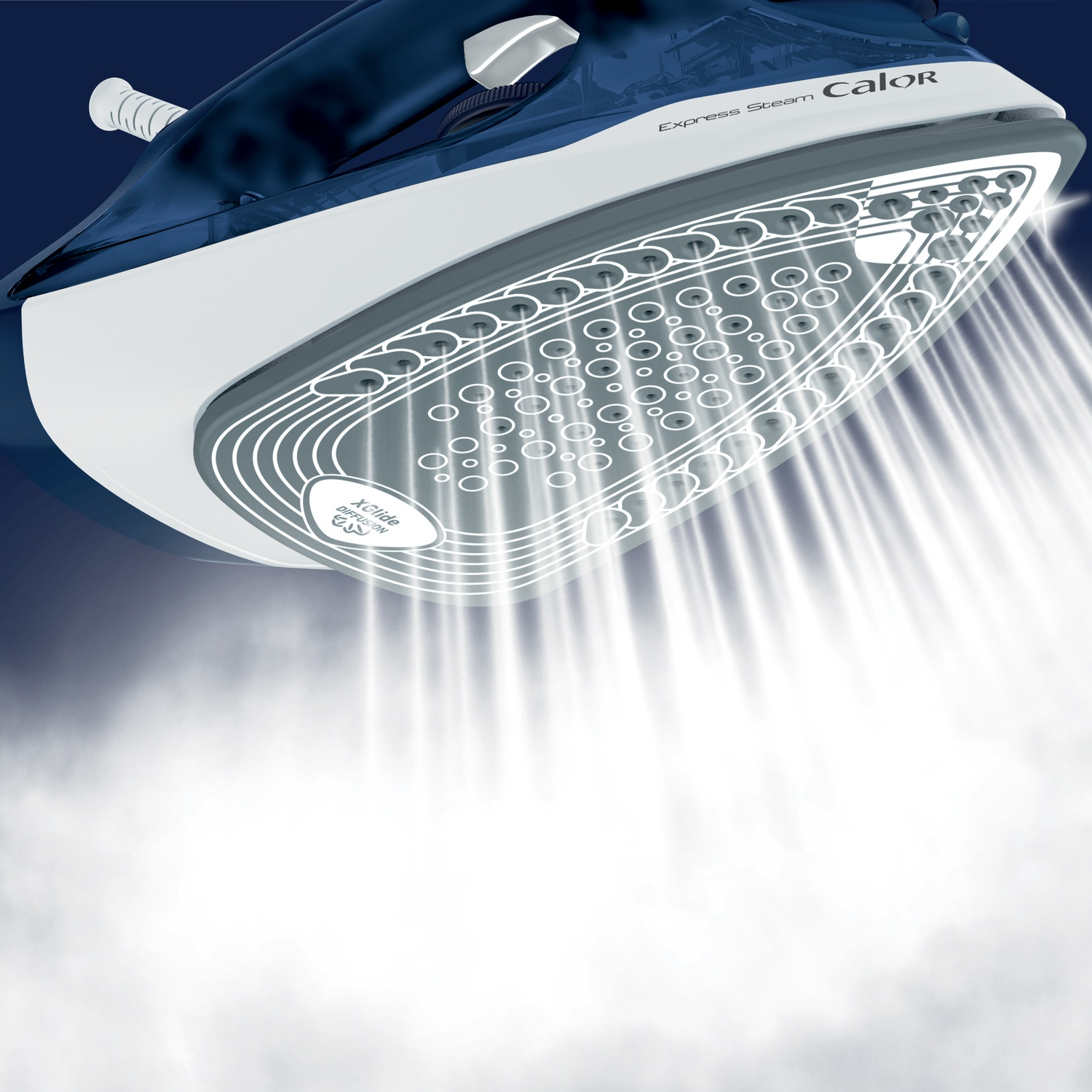 A blue and white Calor Express Steam iron emits steam from its soleplate.