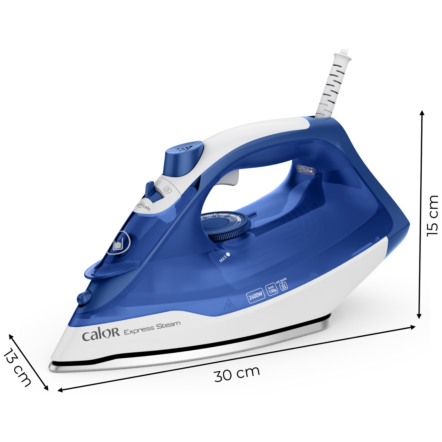 Blue and white Calor Express Steam iron with dimension arrows showing 30x13x15 cm on a white background.