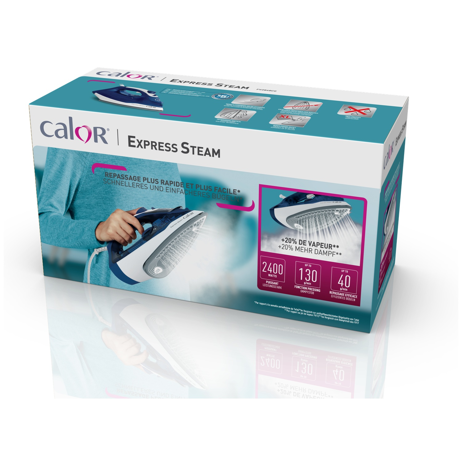 Packaging for Calor Express Steam iron showing product features, blue and white design, with a person ironing.
