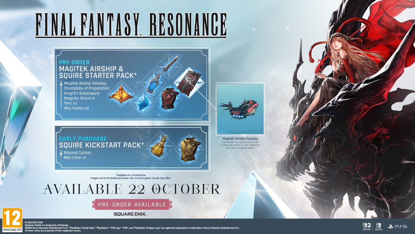 Grafika promocyjna Final Fantasy Resonance przedstawiająca bonusy w przedsprzedaży i blond kobietę na smoku.