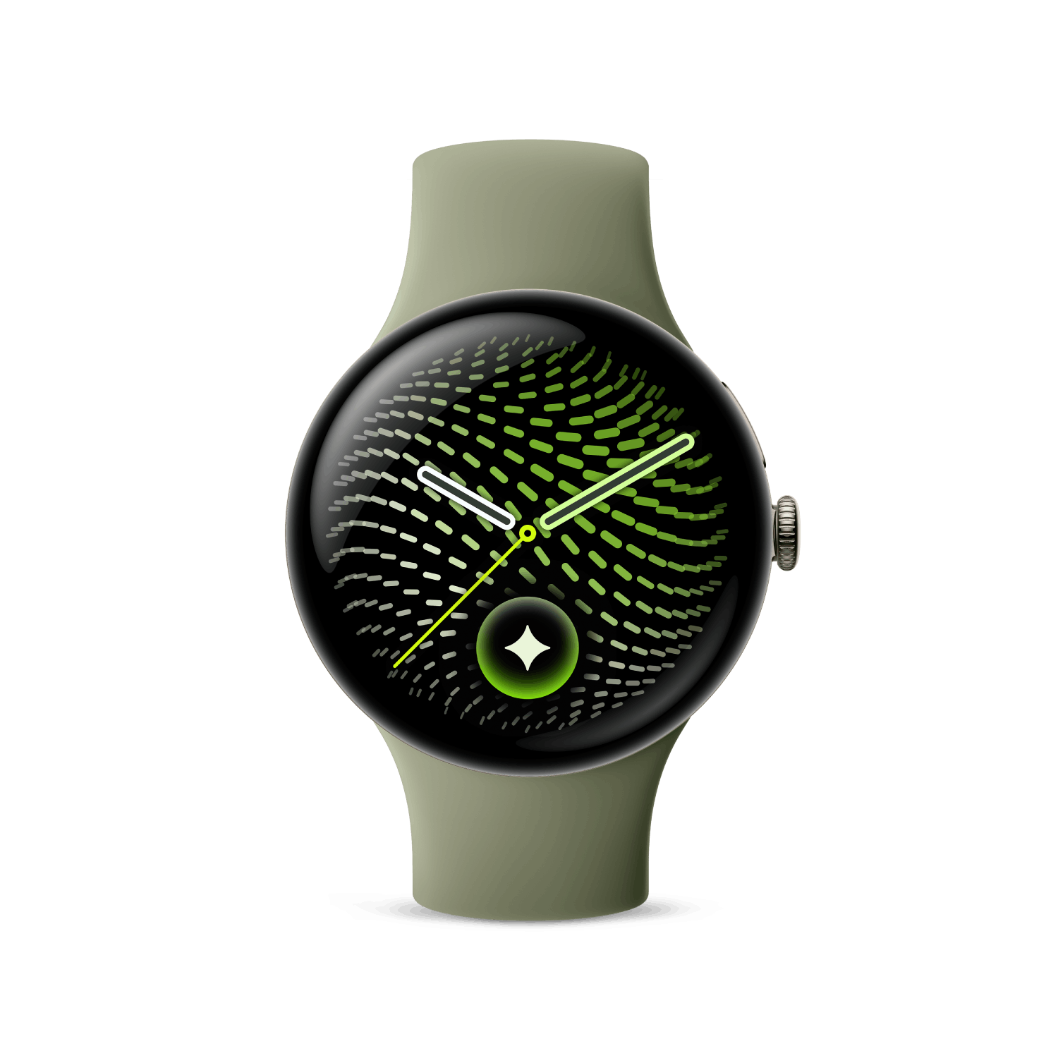 Un reloj inteligente verde con pantalla redonda muestra manecillas verdes y blancas sobre un fondo estampado.