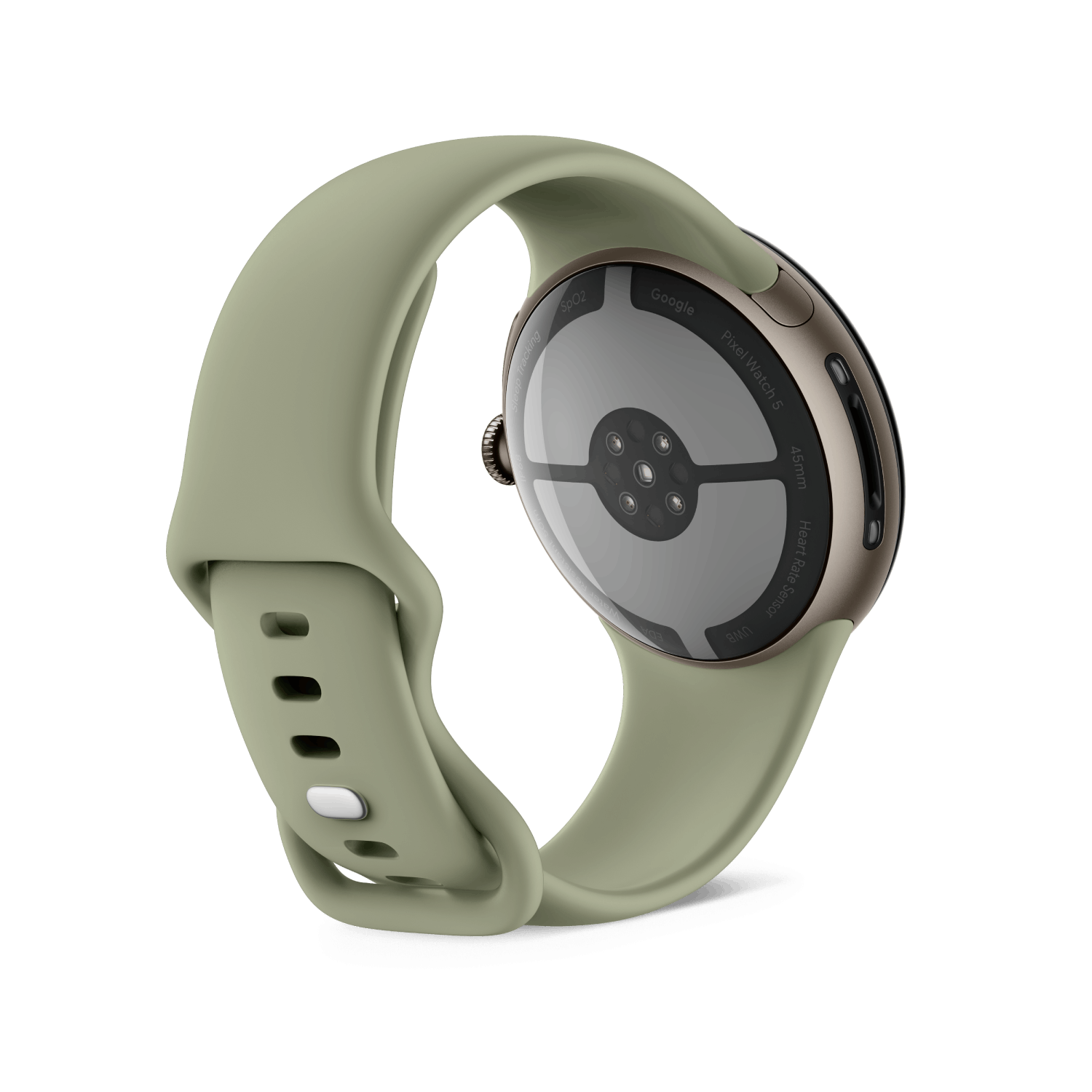 Parte trasera de un smartwatch de oro rosa con correa de silicona verde sobre fondo negro.