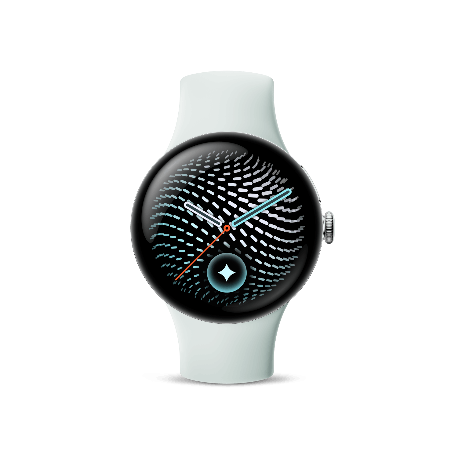 Un reloj inteligente blanco con pantalla redonda que muestra un patrón de puntos abstracto y agujas sobre fondo negro.