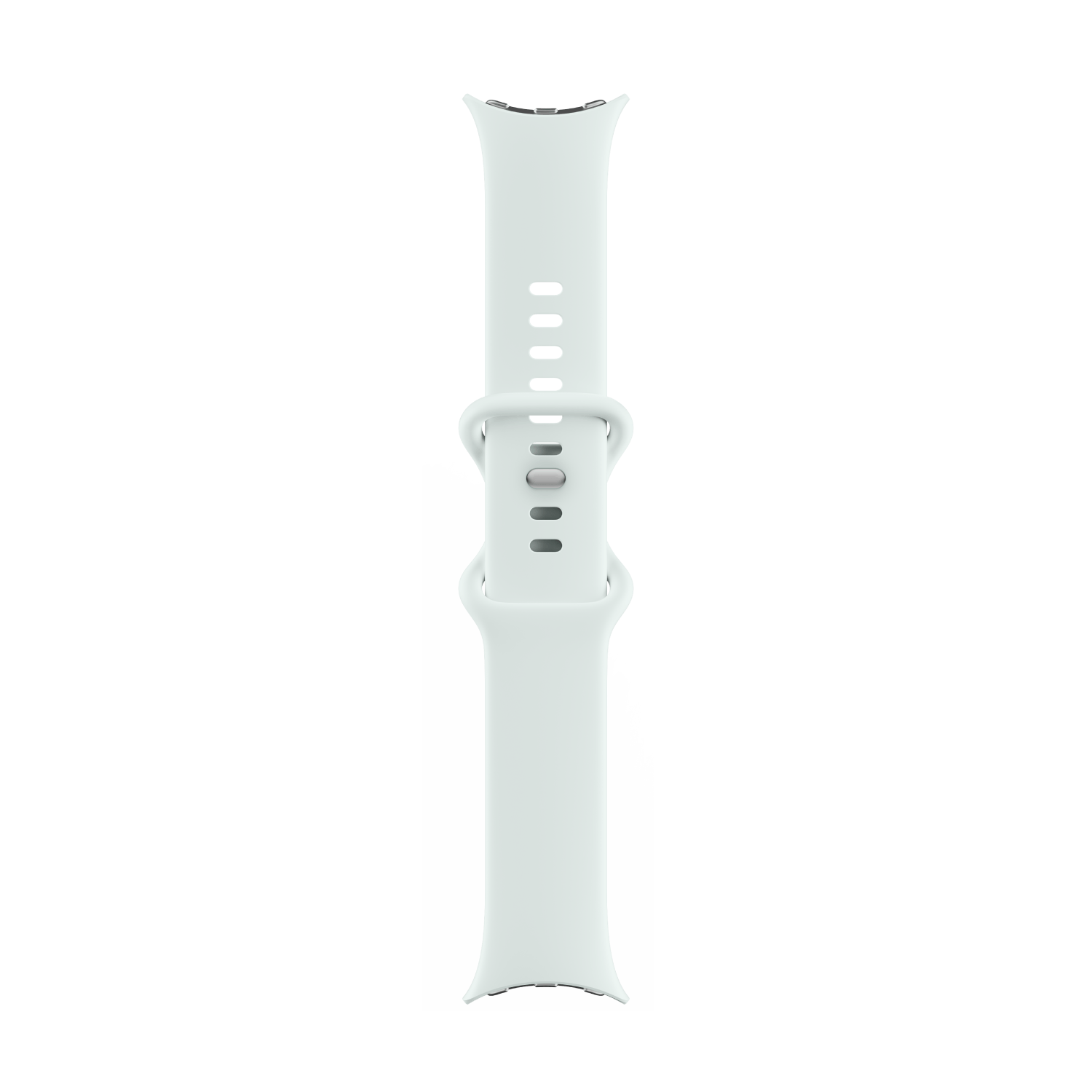 Una correa de reloj de silicona blanca con cierre sobre fondo negro.