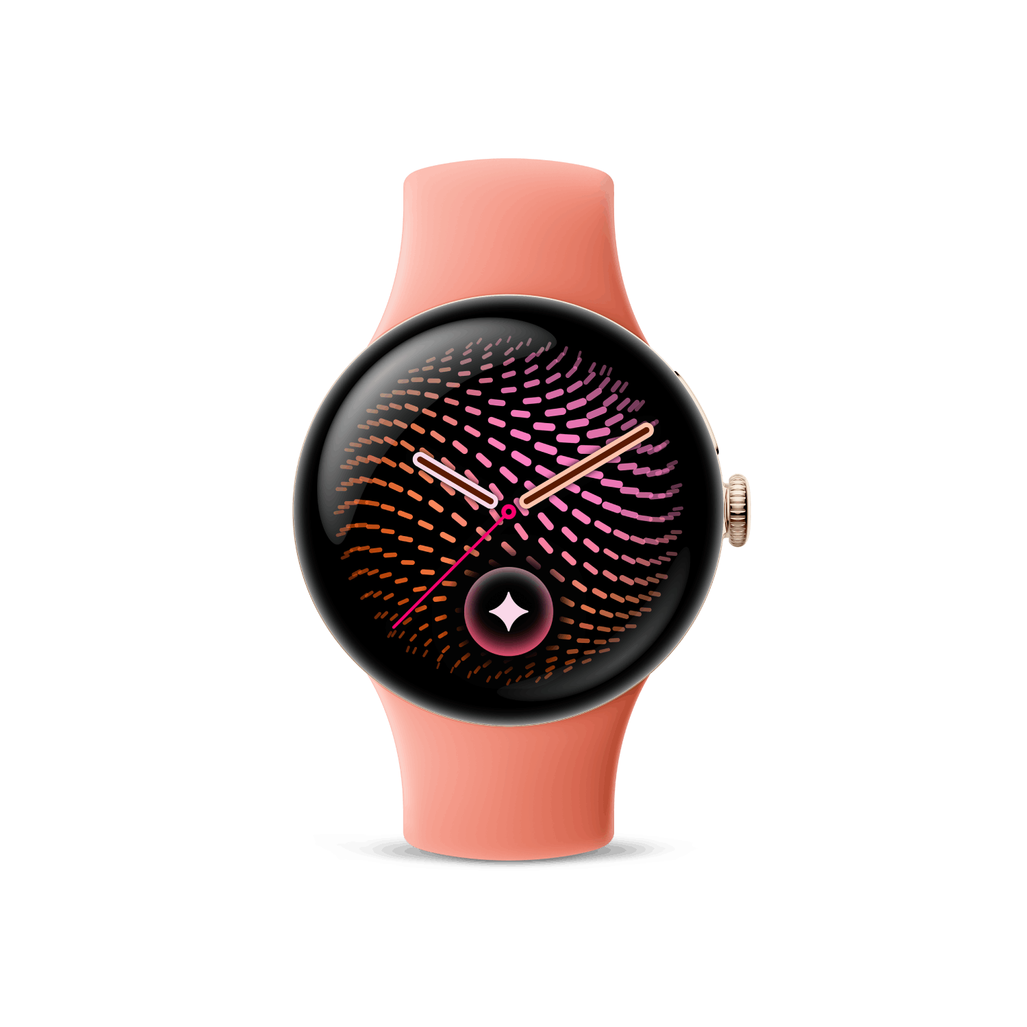 Un reloj inteligente rosa con pantalla redonda muestra patrones abstractos en rosa y dorado y manecillas.