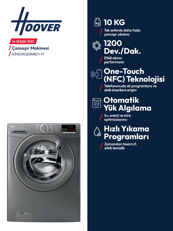 10 kg kapasite ve NFC teknolojisine sahip gri renkli Hoover H-WASH 300 çamaşır makinesi.