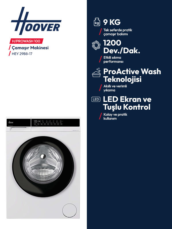 Mavi infografikli beyaz Hoover Prowash 100 çamaşır makinesinin tanıtım görseli.